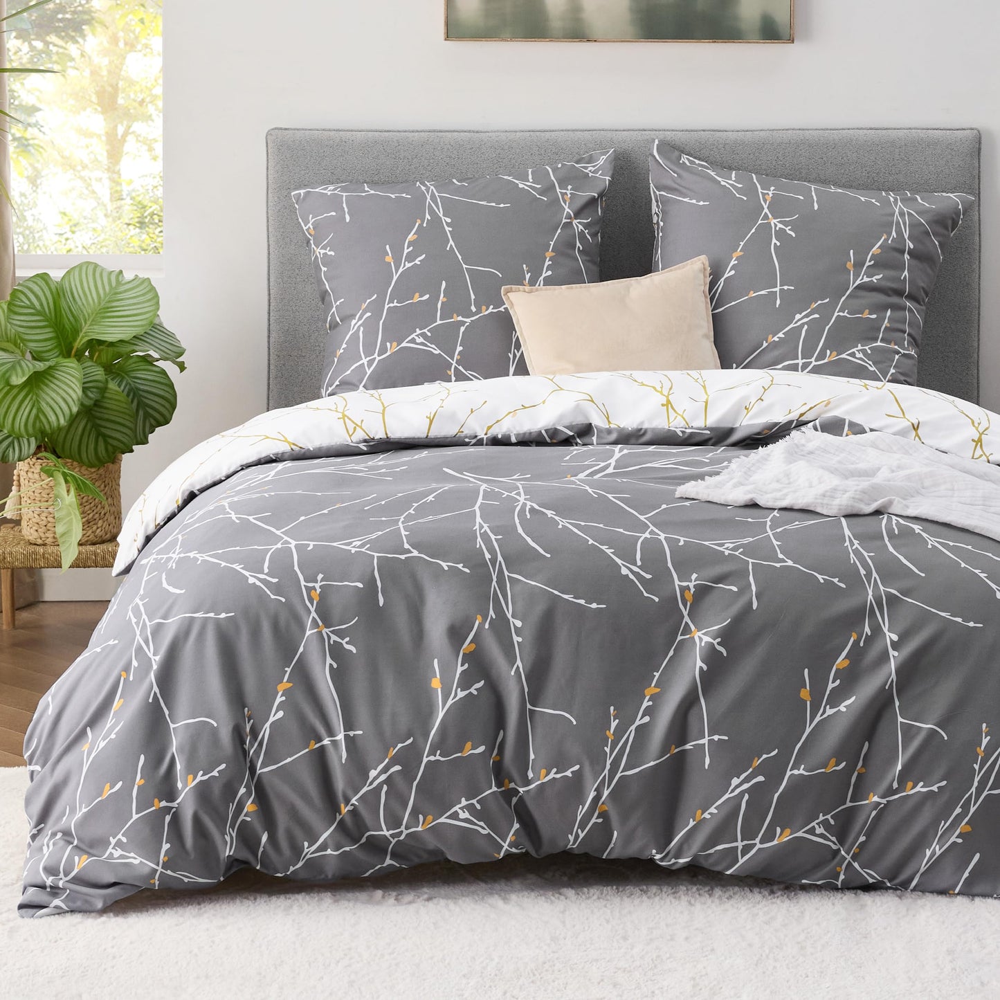 BEDSURE Bettwäsche 135x200 4teilig Bettbezug - Bettwäsche-Sets 135 x 200 cm 2er Set mit 2 Kissenbezüge 80x80cm, ÖKO-TEX Wendebettwäsche Bedding Zweige Grau Muster mit Reißverschluss