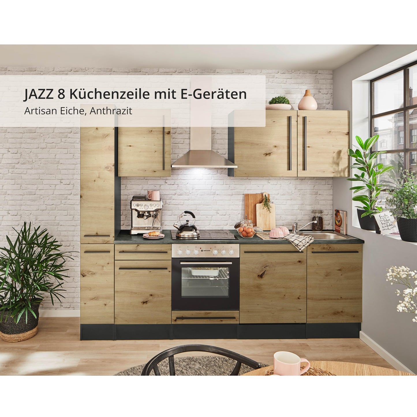 Jazz 8 Moderne Küchenzeile ohne Elektrogeräte in Anthrazit, Artisan Eiche Optik - Geräumige Einbauküche mit viel Stauraum - 220 x 211 x 60 cm (B/H/T)