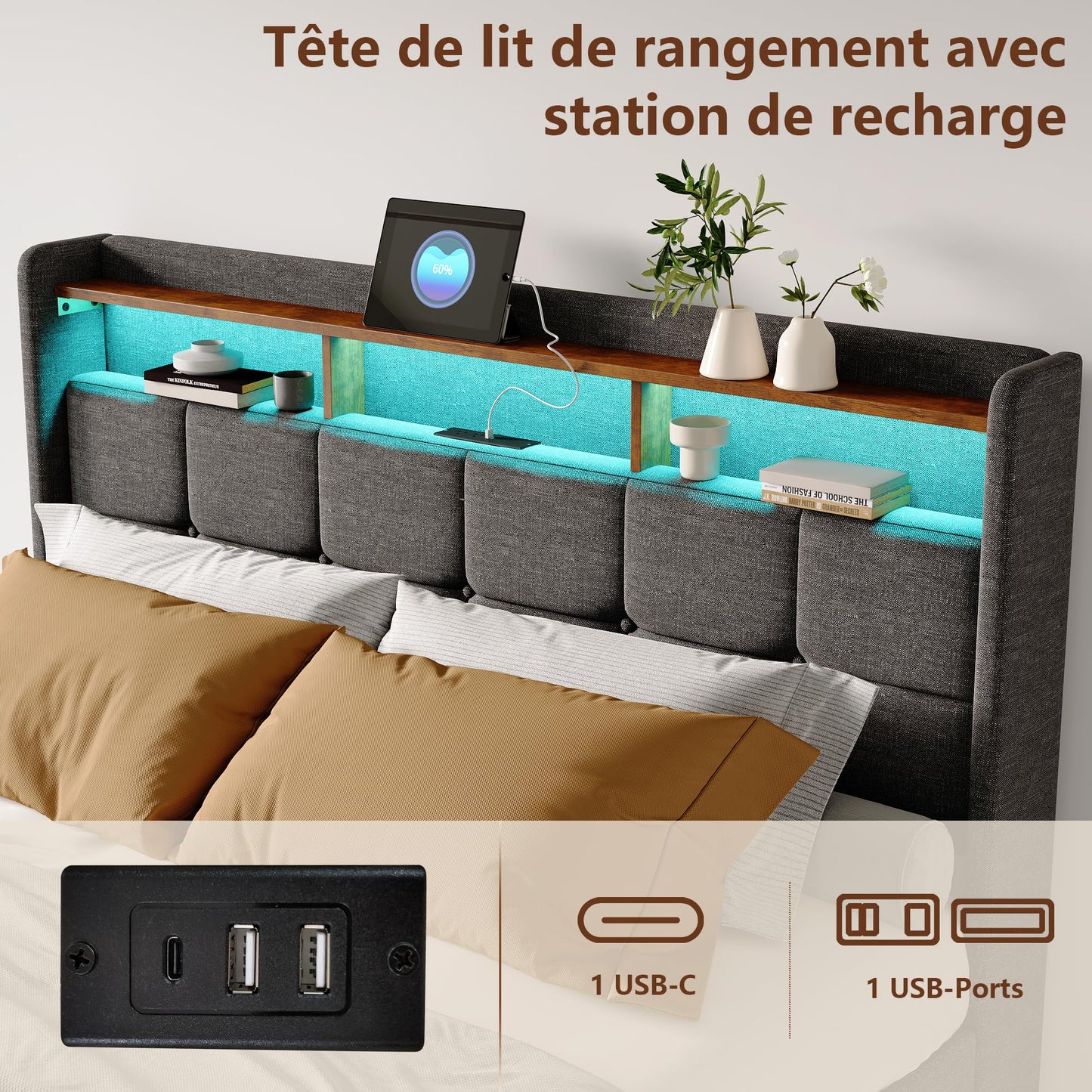 KeepGoon Doppelbett 140 x 200 cm,Polsterbett mit LED-Leuchten, 4 Eisenschubladen und einem USB Ladeanschluss,Stauraumbetten Bettgestell,Leinenstoff (Beige)