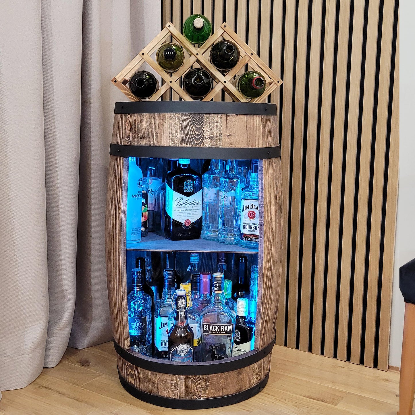 weeco Wooden Barrel with Wine Holder RGB LED Lighting - Wine Rack - Rustic Decorative Bar Cabinet Wine Stand - Draught Beer, Whisky Bar Bottle Stand. Home Bar Gift for Men (Dark Brown)