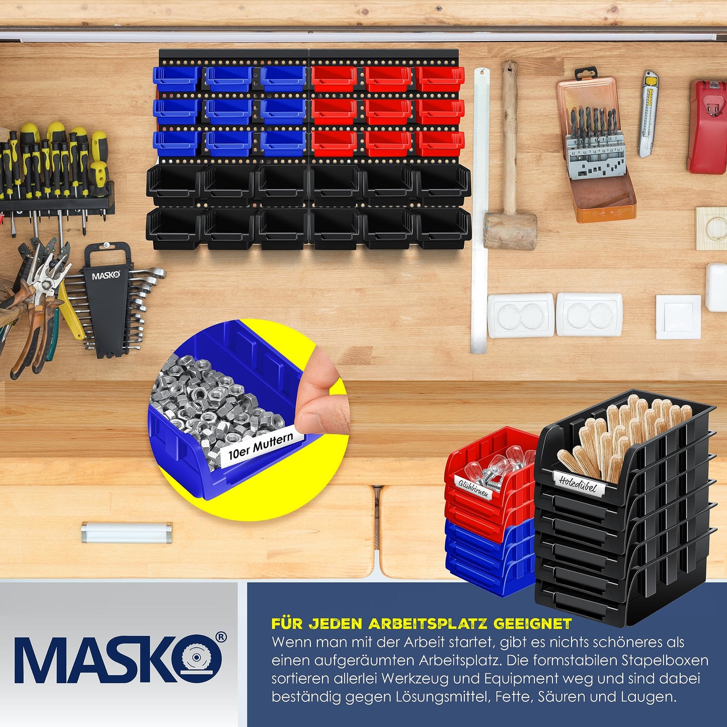 MASKO® Stacking Boxes, Wall Shelf, Tool Holder, 45-Piece Set, Expandable Storage Boxes, Storage Shelves, Boltless Hanging Shelf, Assortment Box, Small Parts Magazine Workshop Shelf, Black/Blue