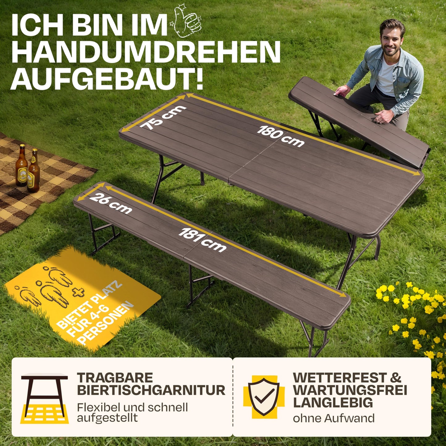 Ondis24 Biertischgarnitur Lisa Campingtisch 2X Bierbank 1x Biertisch Sitzbank klappbar Bierzeltgarnitur 3tlg. einfach transportabel (Braun, XL)