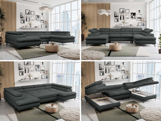 MKS MEBLE Sofa U-Form Schwarz, Wohnlandschaft U-Form, Sofa mit Schlaffunktion und Bettkasten, Schlafsofa mit Bettkasten, Couch mit Verstellbare Kopfstützen - Peter U - Schwarz Velvet