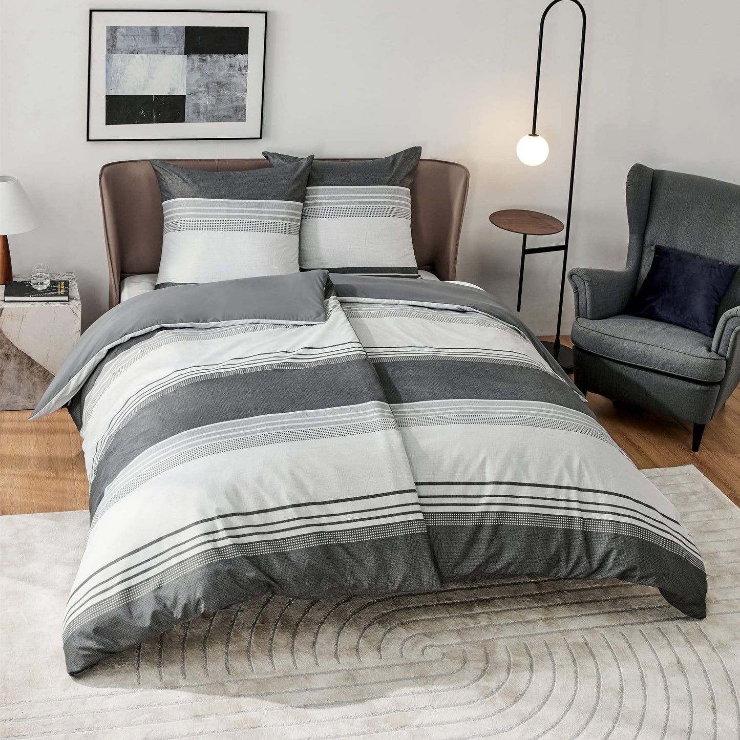 BEDSURE Bettwäsche 135x200 4teilig Bettbezug - Bettwäsche-Sets 135 x 200 cm 2er Set mit 2 Kissenbezüge 80x80cm, ÖKO-TEX Wendebettwäsche Bedding Zweige Grau Muster mit Reißverschluss