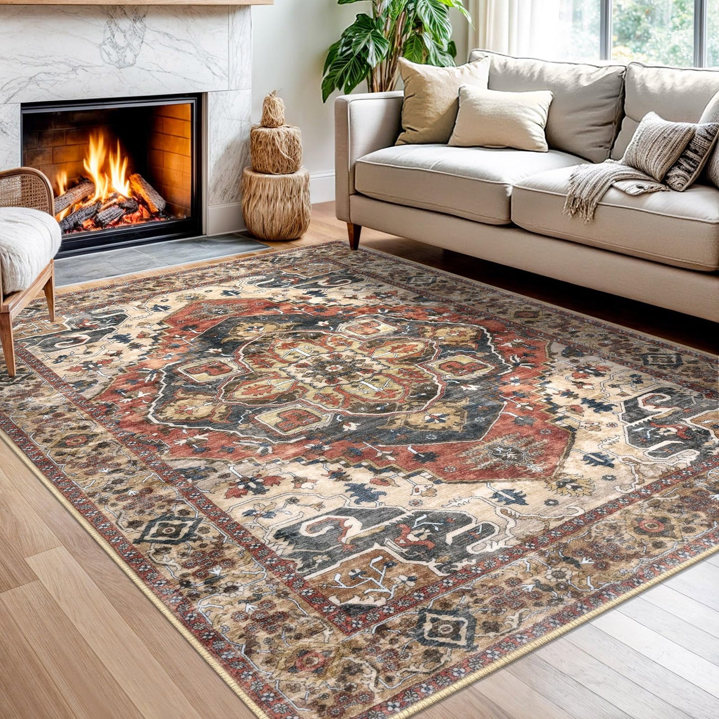 2x3 Blue Washable Rug for Entrance, Soft Traditional Area Rug, Non-Slip Printed Kitchen Rugs, Low-Pile Medallion Indoor Door Mat, Small Farmhouse Carpet for Entryway Kitchen Foyer Bedside