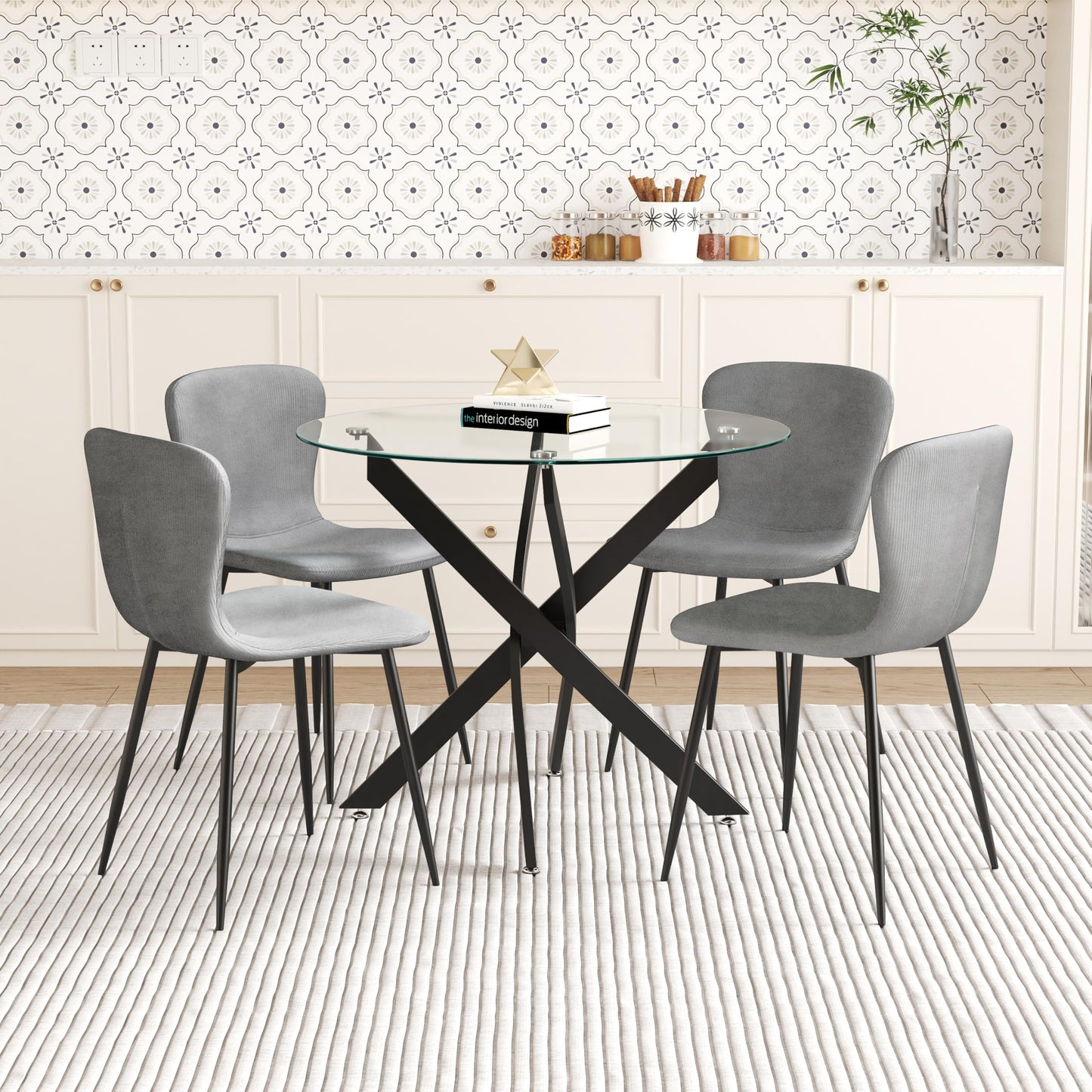 GOLDFAN Dining Table with 4 Chairs Dining Table Round Glass Kitchen Table Dining Room Chair Velvet 80 cm Green