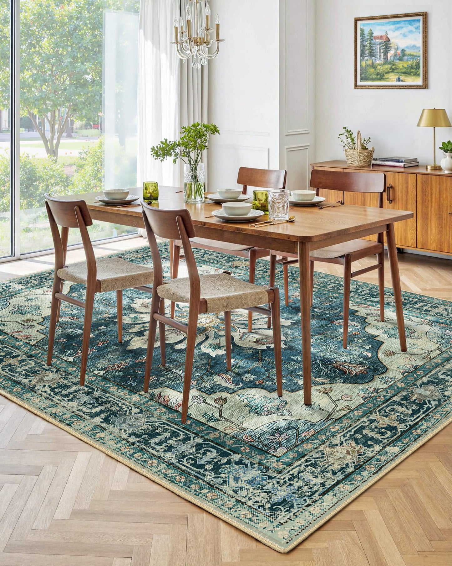 INOVADAY Vintage Waschbarer Teppich Wohnzimmer 90x150 cm Boho Kurzflor rutschfest Teppich Weich Teppiche mit Druckmuster für Schlafzimmer, Esszimmer, Büro Beige/Blau/Orange