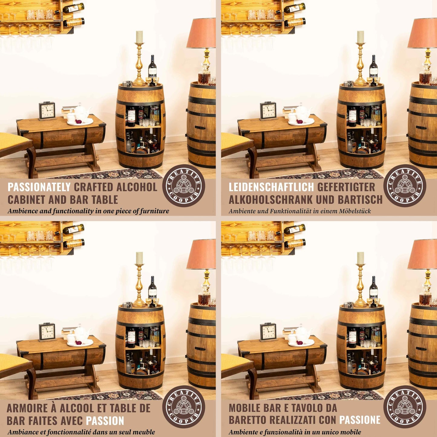 CREATIVE COOPER Wine Barrel Bar Table - Mini Bar Shelf Round - Alcohol Shrank Bottle Rack Wooden Shelves - Wooden Barrel Decoration - Wine Rack - Barrel Furniture - Wine Rack - Furniture Living Room -