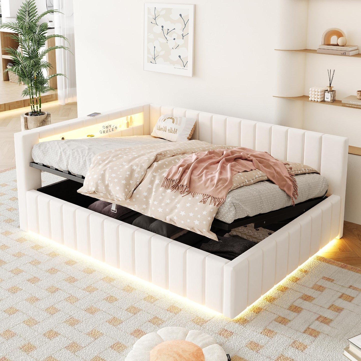 KEYIDE Upholstered Sofa Bed, 140 x 200 cm with LED Lighting and USB Charging, Bed Frame with Wooden Slatted Frame, Day Bed, Guest Bed, Youth Bed, Velvet Fabric, Without Mattress (Grey, 140 x 200)