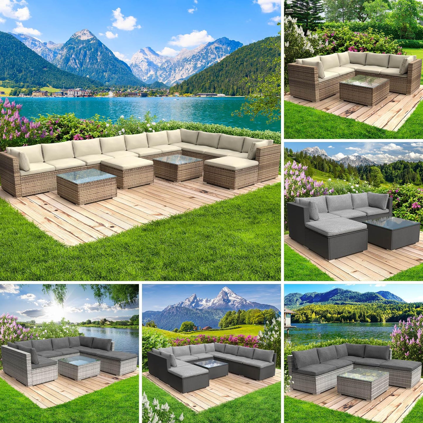 BRAST® Gartenmöbel Lounge Set XXL | 8-12 Personen viele Modelle & Farben | inkl. extra Dicke Kissen | TÜV geprüft | Outdoor Loungemöbel Sitzgruppe Essgruppe Garnitur | Dreams Grau