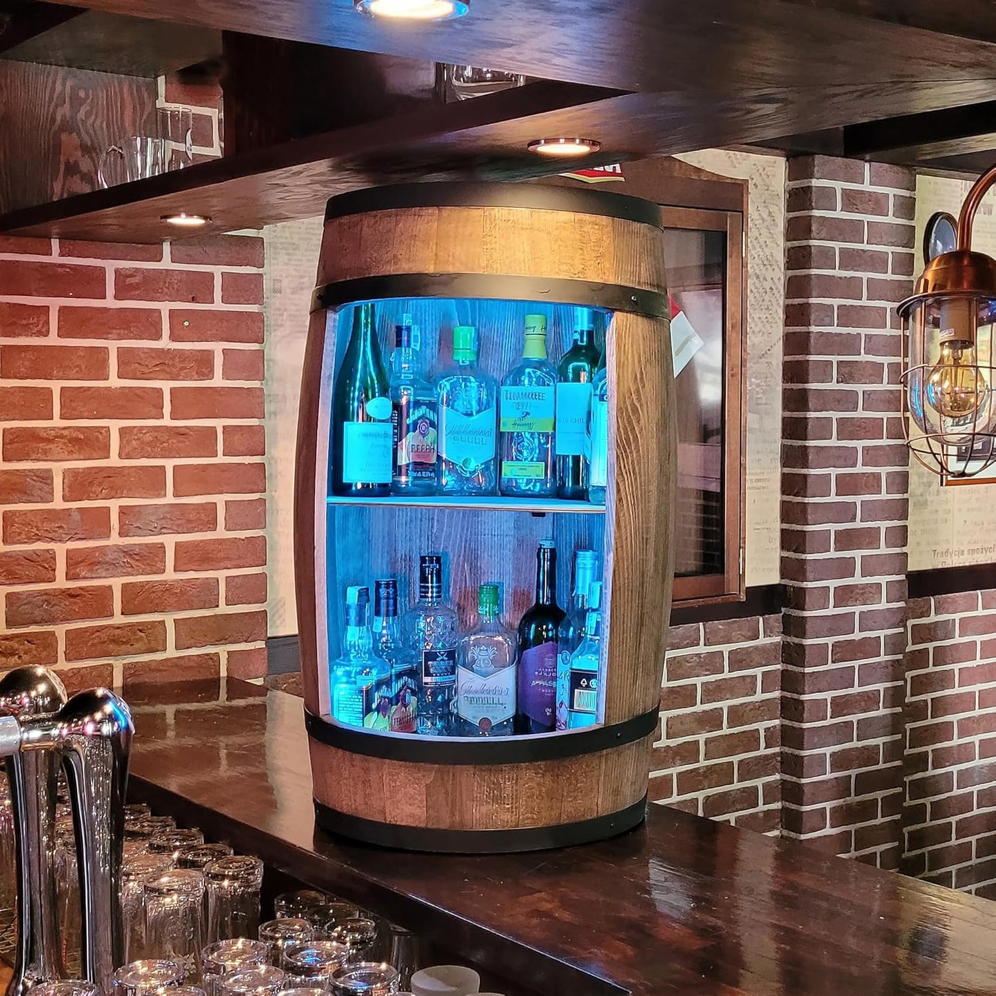 weeco Weinfass als Weinregal - Weinschrank Barschrank LED RGB Leuchten, Bar Tisch aus Holzfass, Wein Rack Flaschenständer deko Fassbier/hausbar Komodenschrank Holz Fass fur Wohnzimmer