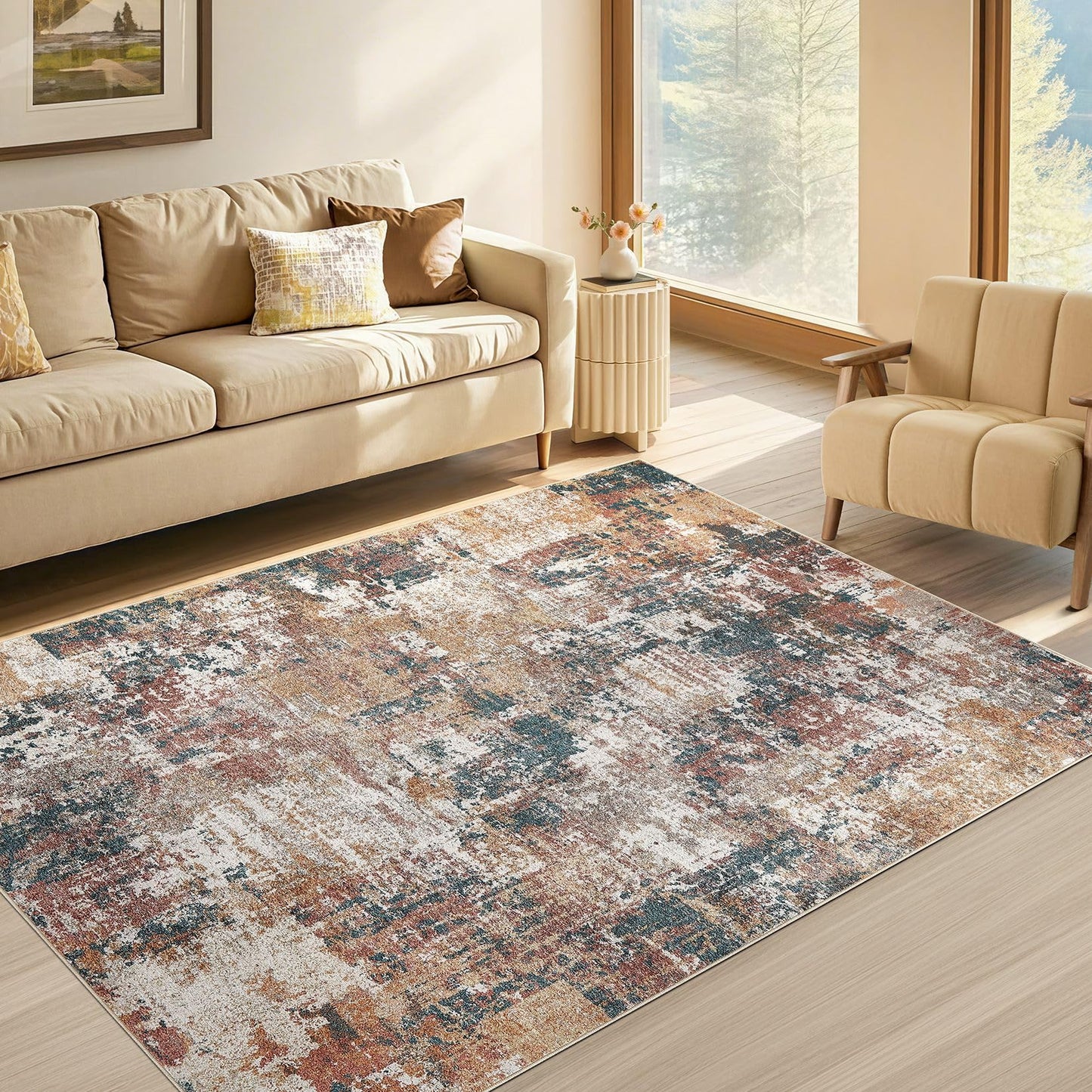 Tortania Washable 5x7 Area Rug for Living Room: Modern Abstract Neutral Large Soft Thin Rugs - Non Slip Indoor Carpet for Bedroom Dining Room Office Nursery Home Floor Decoration - Grey