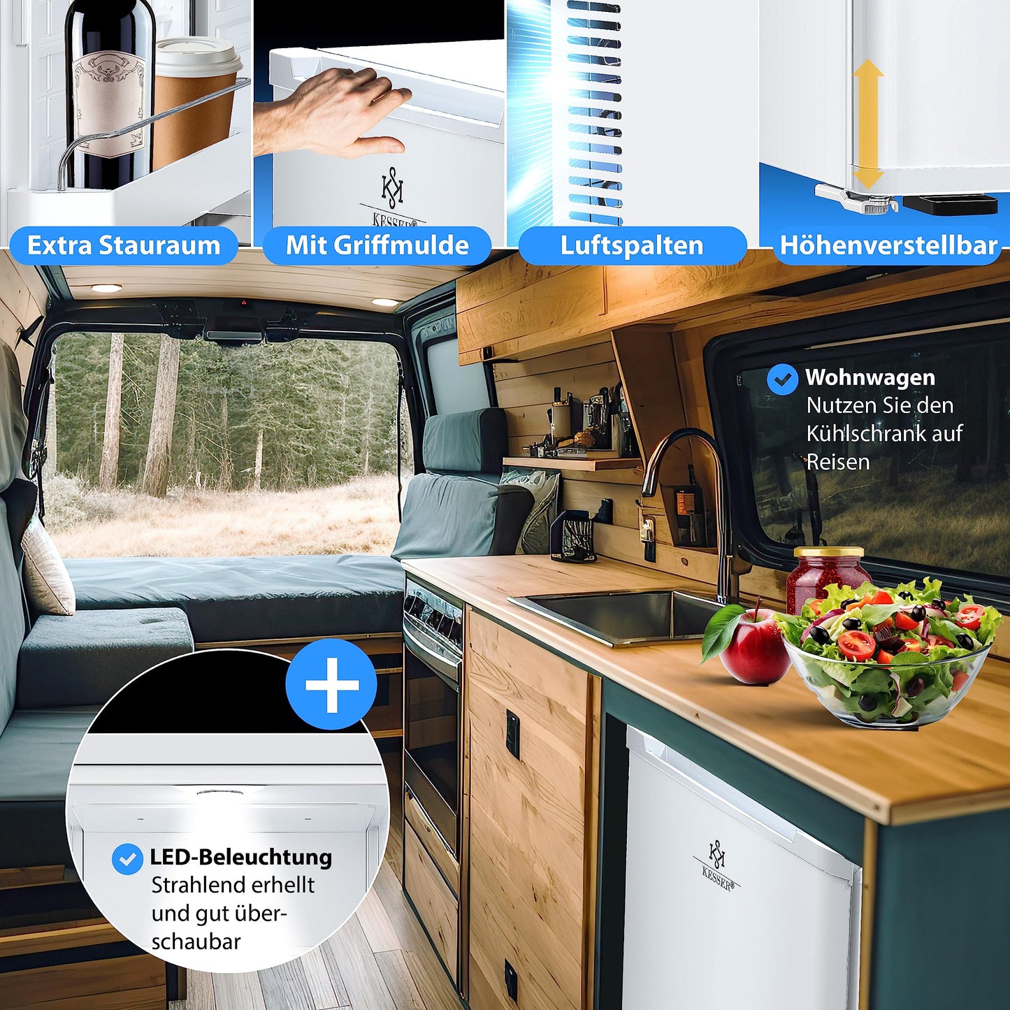 KESSER® Mini Fridge 40 L Lockable Mini Bar Ideal for Camping, Office, Bedroom, Hotel, Kitchen, Small Fridge Completely Silent, Interchangeable Door Hinge, Interior Lighting with Glass Opener