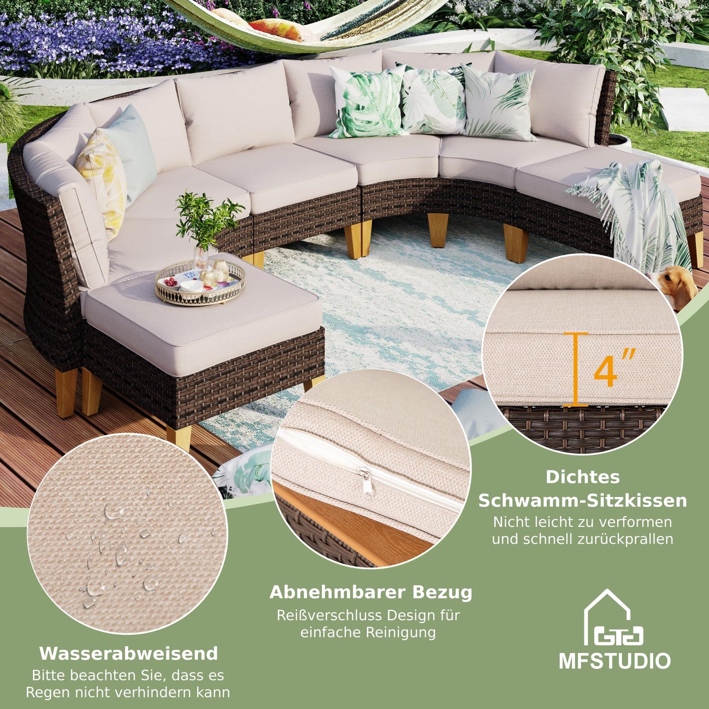 MFSTUDIO Polyrattan Lounge Set, Aktualisierte Rippen, 20% Dicker als Andere, Cushion PRO Fabric Wasserdicht, Leicht zu Reinigen. Gartenmöbel Wetterfest, Sitzgruppe für Garten.