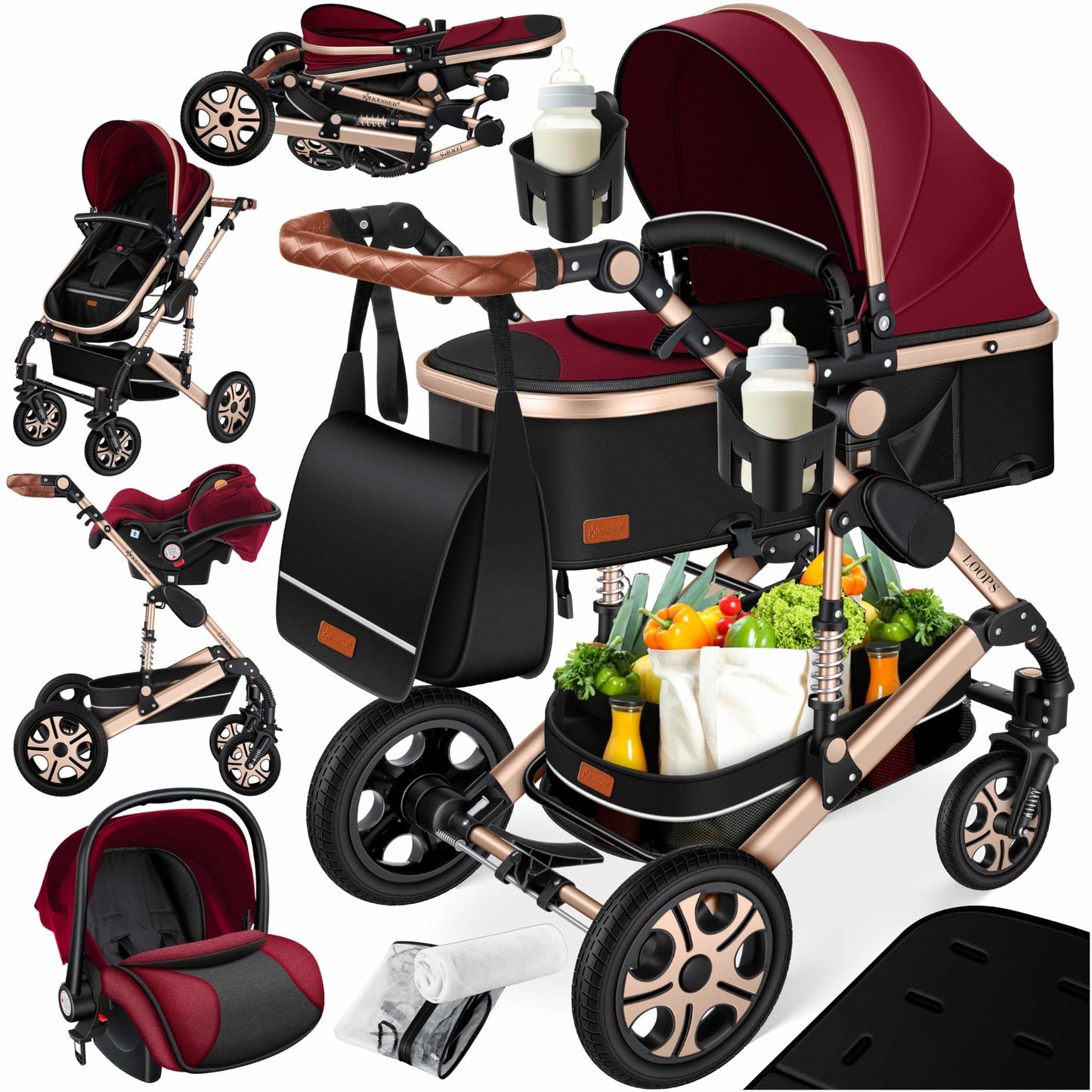 Kesser® Loops 3-in-1 Combination Pram, Complete Set Including Baby Tub & Buggy Sports Seat & Baby Car Seat, Full Rubber Tyres, Changing Bag / Rain Cover / Children's Table Set
