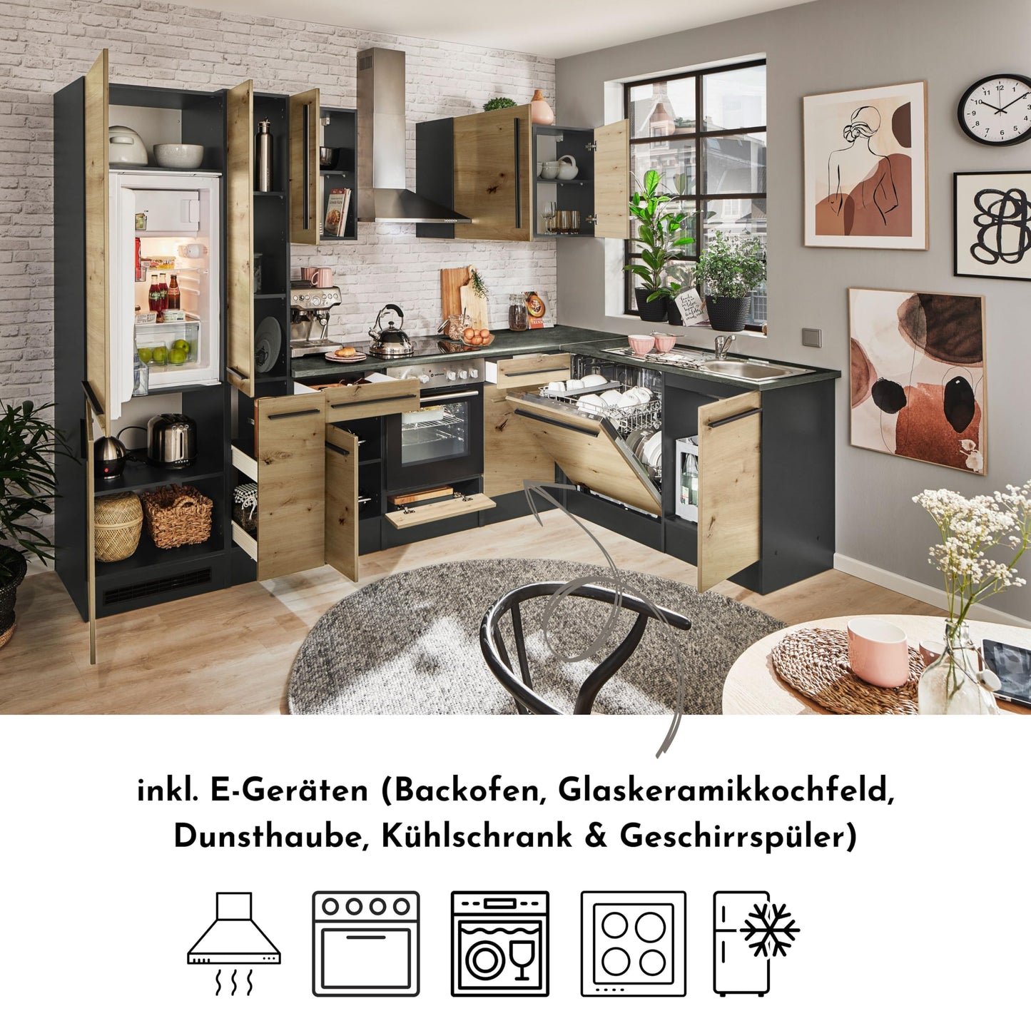 Jazz 8 Modern Corner Kitchen without Electrical Appliances in White High Gloss, Metallic Grey - Spacious Kitchen Unit in L-Shaped with Lots of Storage Space - 220 x 211 x 60 cm (W x H x D)
