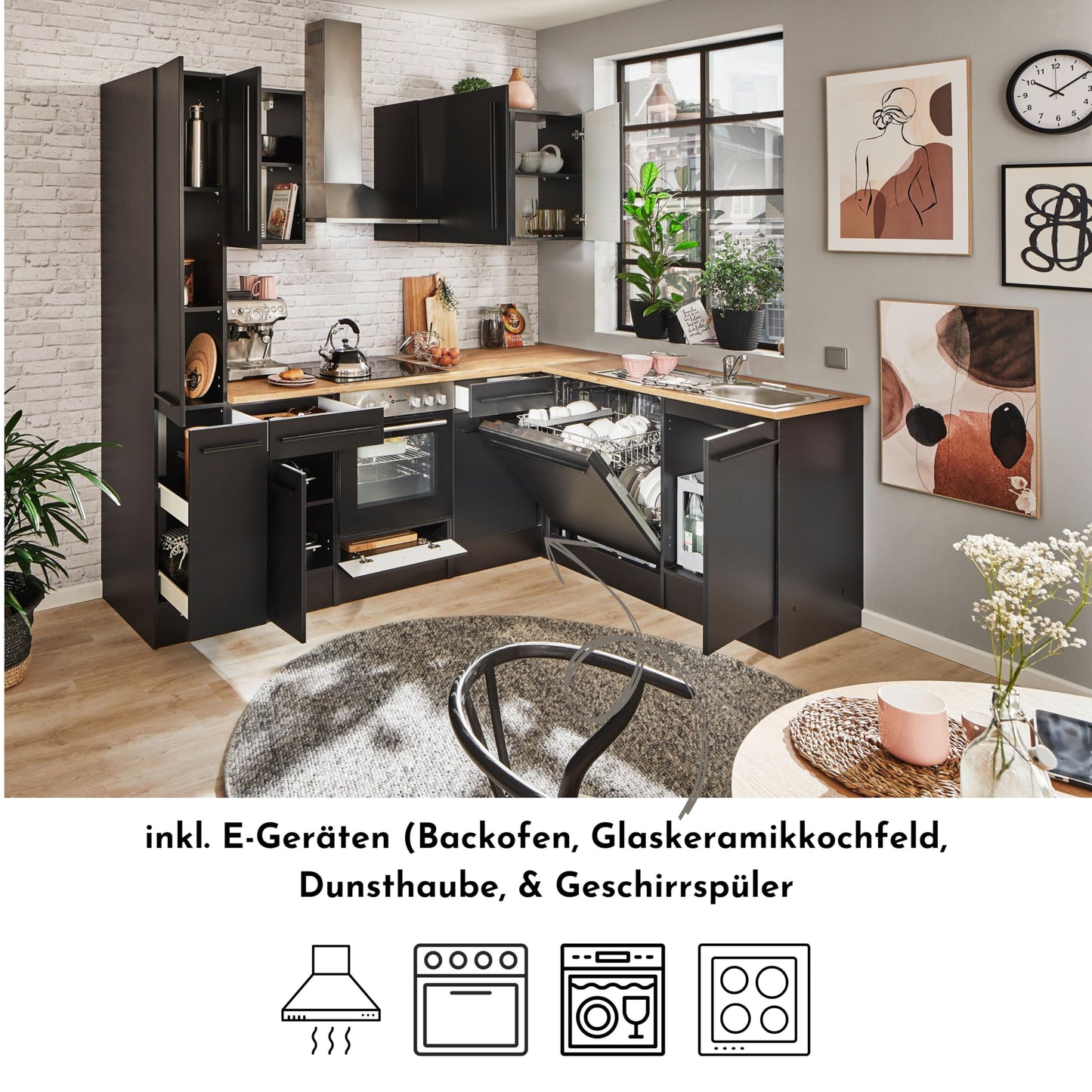 Jazz 8 Modern Corner Kitchen without Electrical Appliances in White High Gloss, Metallic Grey - Spacious Kitchen Unit in L-Shaped with Lots of Storage Space - 220 x 211 x 60 cm (W x H x D)