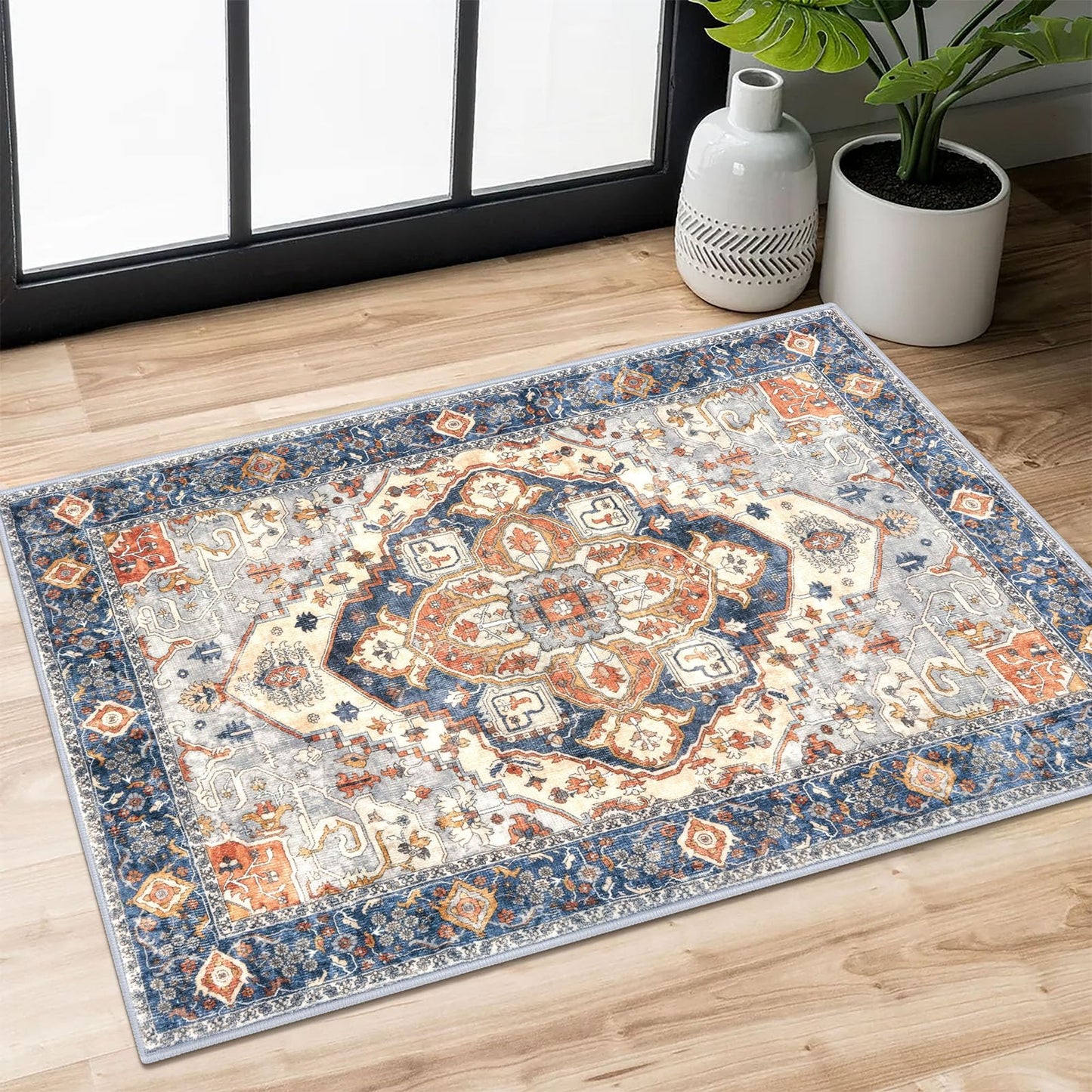 2x3 Blue Washable Rug for Entrance, Soft Traditional Area Rug, Non-Slip Printed Kitchen Rugs, Low-Pile Medallion Indoor Door Mat, Small Farmhouse Carpet for Entryway Kitchen Foyer Bedside