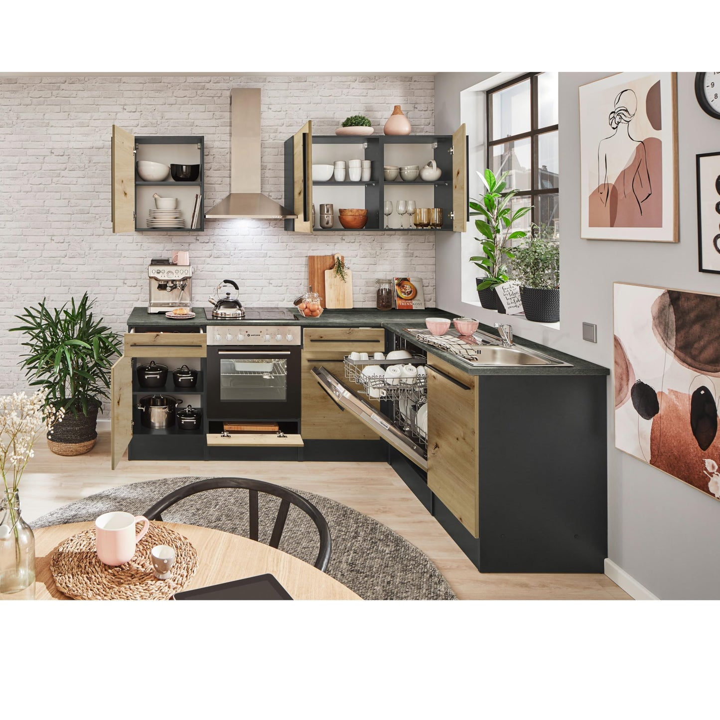 Jazz 8 Modern Corner Kitchen without Electrical Appliances in White High Gloss, Metallic Grey - Spacious Kitchen Unit in L-Shaped with Lots of Storage Space - 220 x 211 x 60 cm (W x H x D)