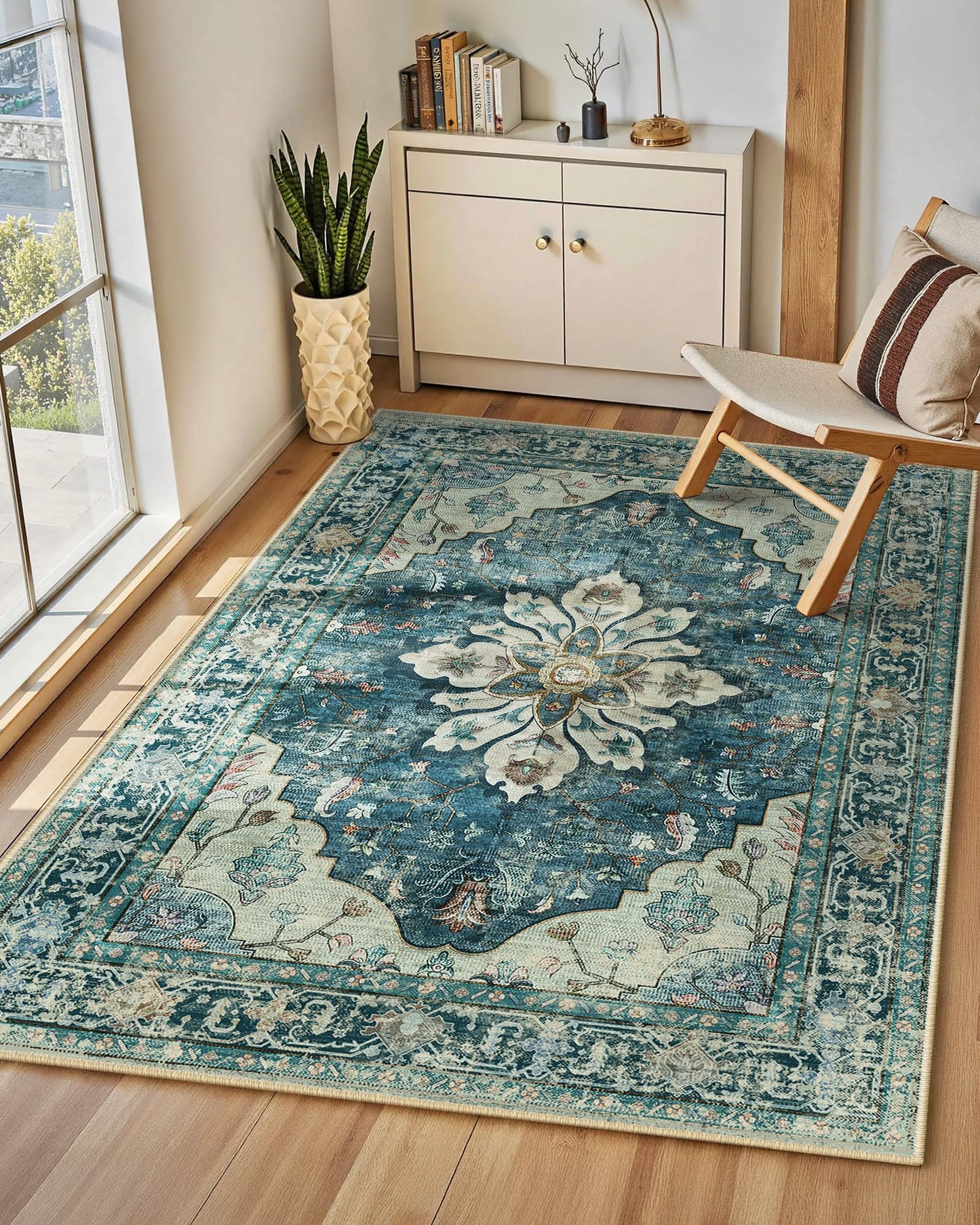 INOVADAY Vintage Waschbarer Teppich Wohnzimmer 90x150 cm Boho Kurzflor rutschfest Teppich Weich Teppiche mit Druckmuster für Schlafzimmer, Esszimmer, Büro Beige/Blau/Orange