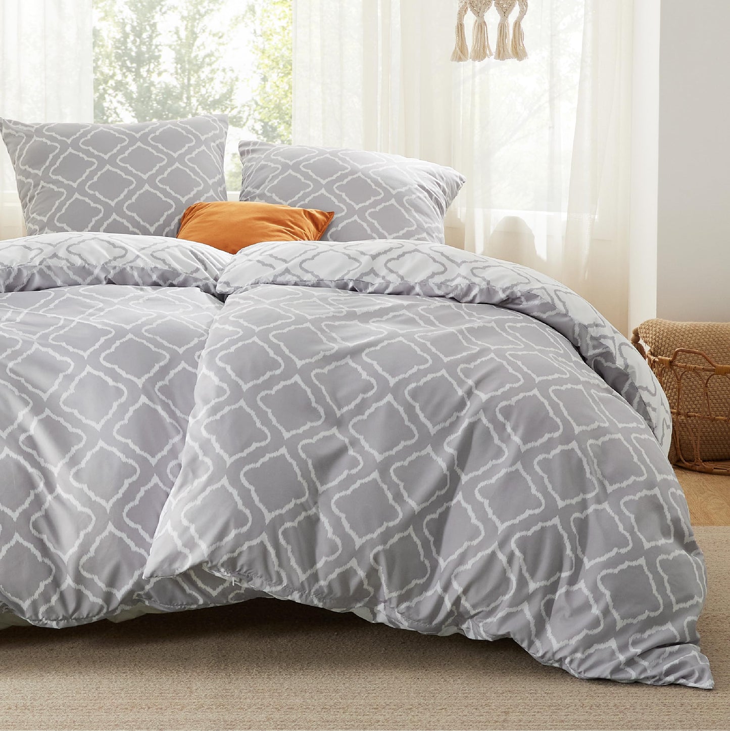 BEDSURE Bettwäsche 135x200 4teilig Bettbezug - Bettwäsche-Sets 135 x 200 cm 2er Set mit 2 Kissenbezüge 80x80cm, ÖKO-TEX Wendebettwäsche Bedding Zweige Grau Muster mit Reißverschluss