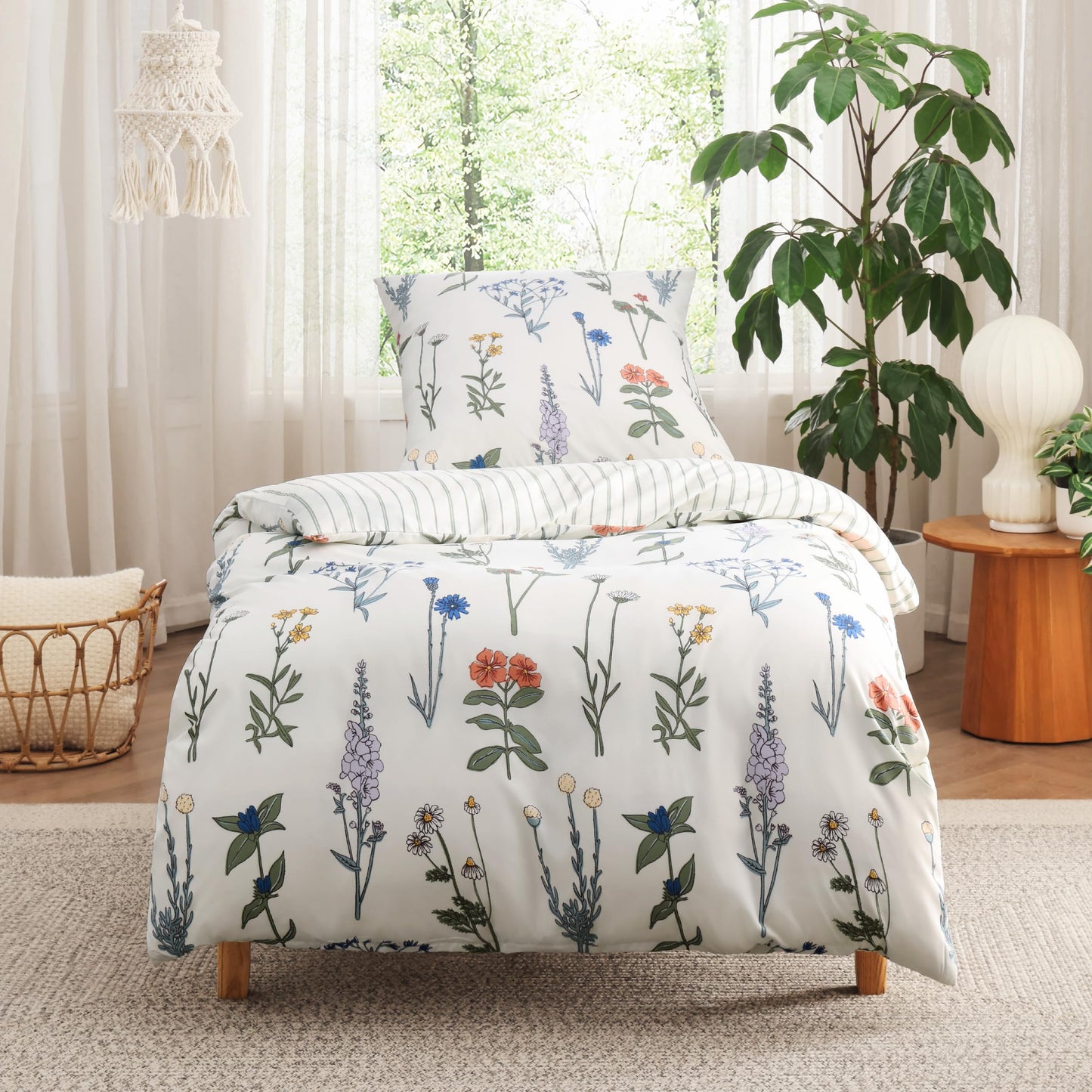 BEDSURE Bettwäsche 135x200 4teilig Bettbezug - Bettwäsche-Sets 135 x 200 cm 2er Set mit 2 Kissenbezüge 80x80cm, ÖKO-TEX Wendebettwäsche Bedding Zweige Grau Muster mit Reißverschluss