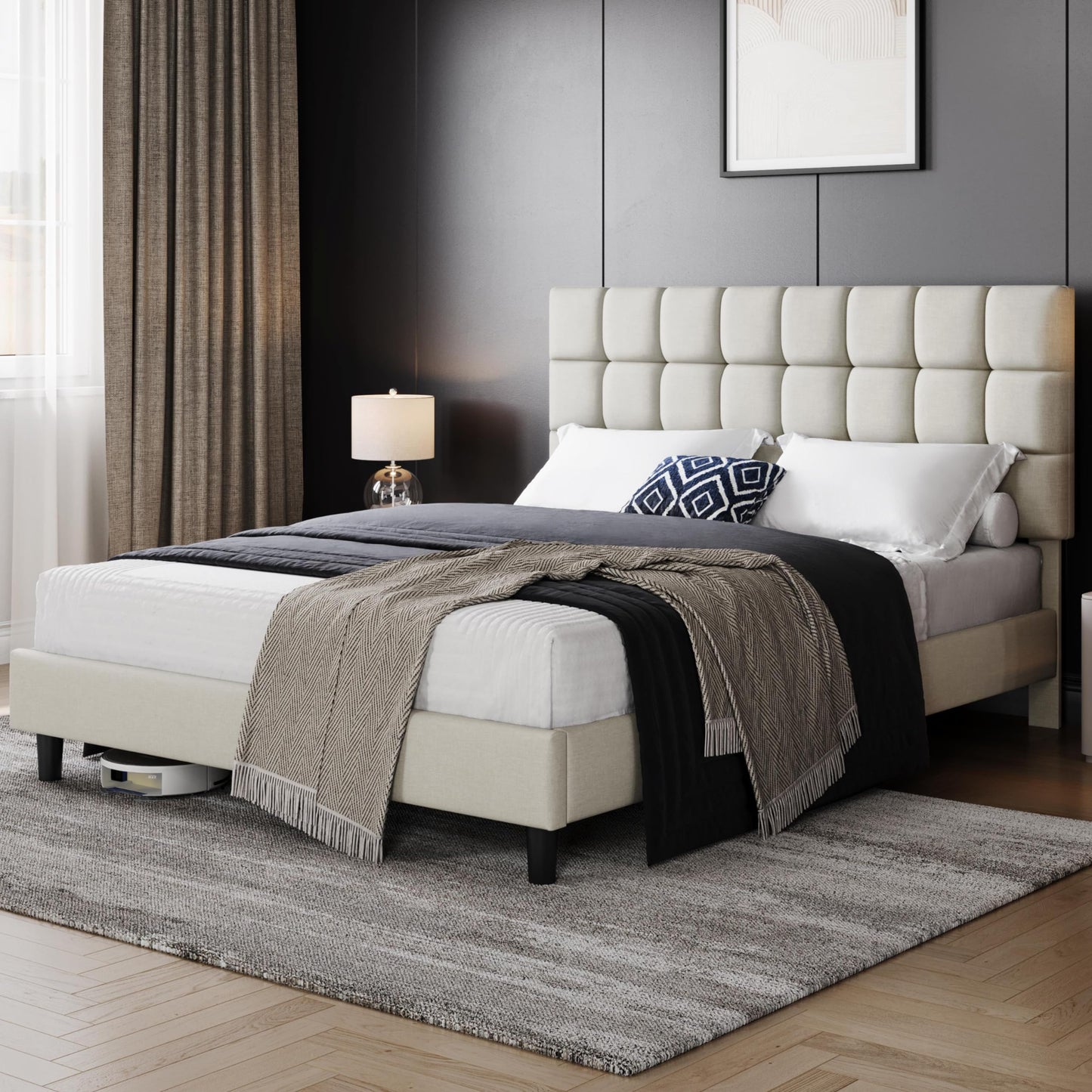 Yaheetech Upholstered Bed 140 x 200 cm Double Bed with Height-Adjustable Headboard, Sturdy Bed Frame, Fabric Bed with Slatted Frame, Padded Bed Frame, Youth Bed, Dark Grey