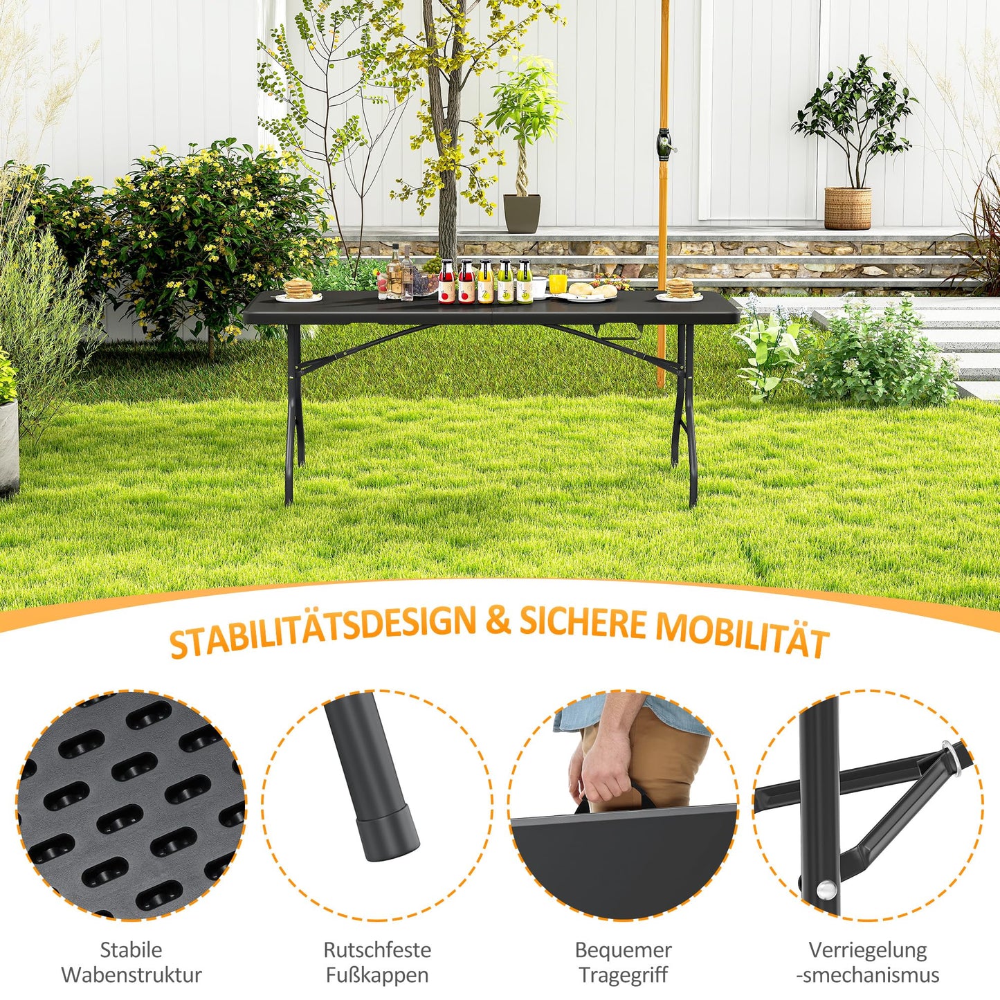 Asdsed Campingtisch 180x74 cm, Klappbar Gartentisch Buffettisch Wetterfest Tragbar Kunststoff Stabil Garten Klapptisch Partytisch Picknicktische Balkontisch
