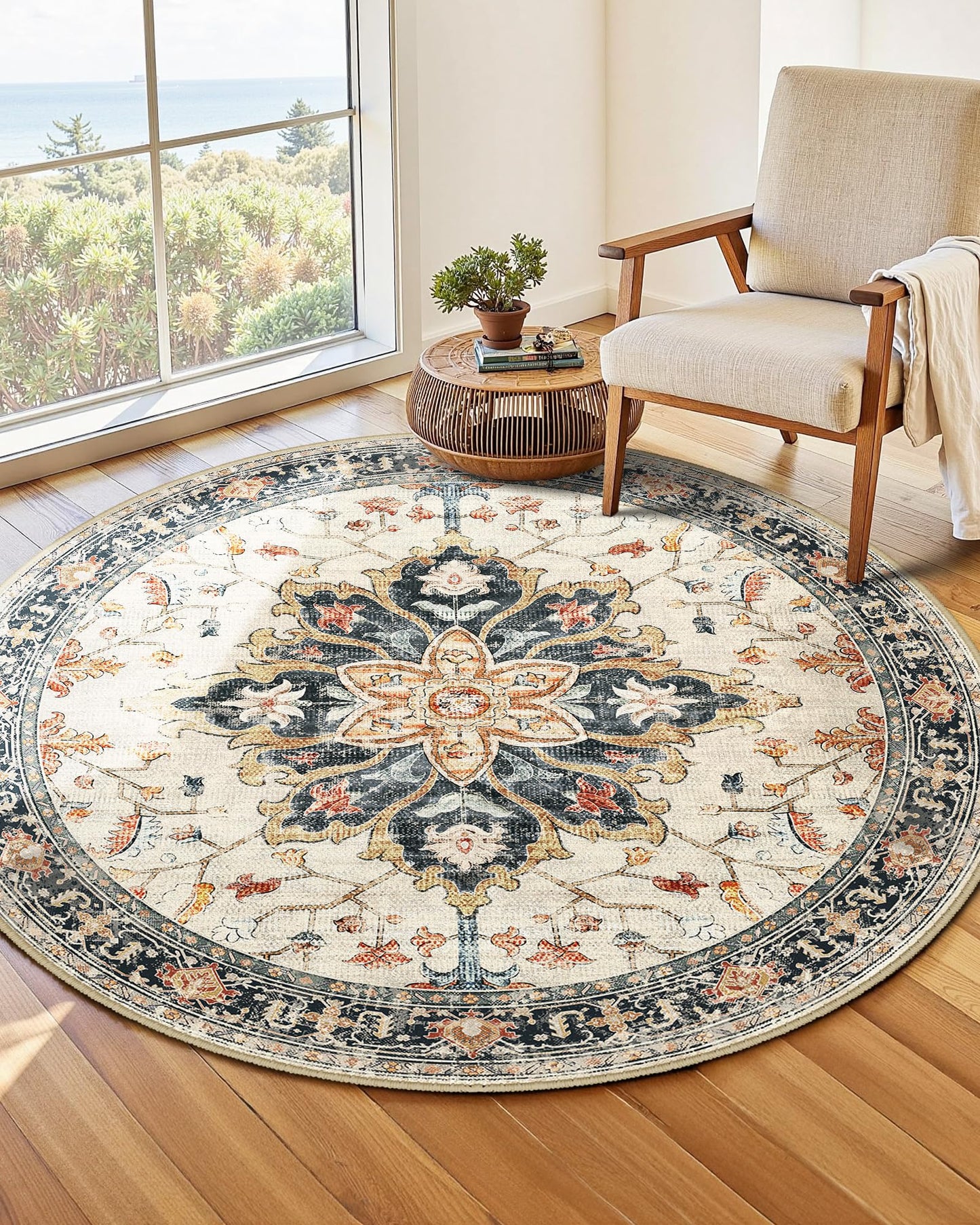 INOVADAY Vintage Waschbarer Teppich Wohnzimmer 90x150 cm Boho Kurzflor rutschfest Teppich Weich Teppiche mit Druckmuster für Schlafzimmer, Esszimmer, Büro Beige/Blau/Orange