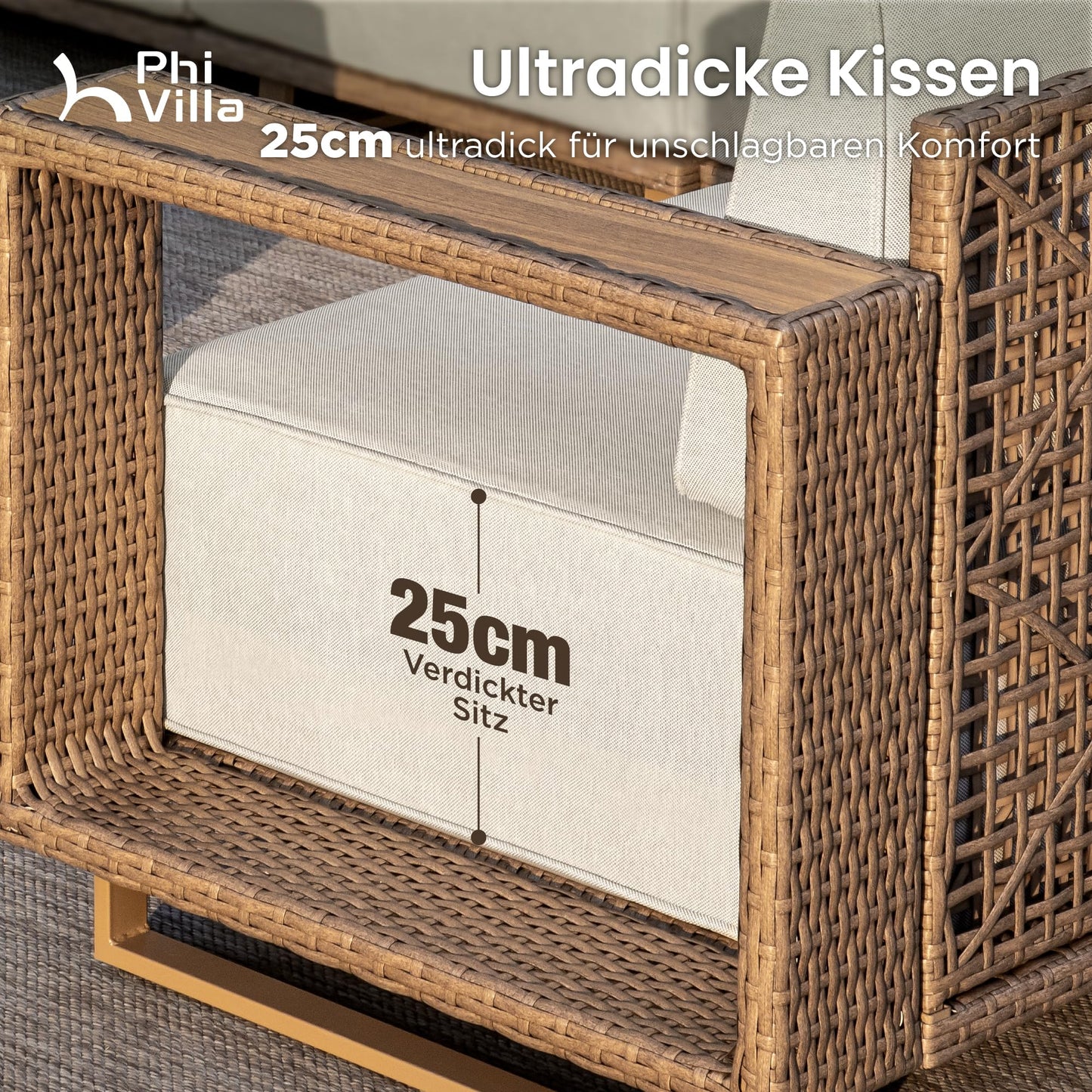 PHI VILLA Rattan Gartenmöbel Set Balkonmöbel für 6, Lounge Möbel Outdoor Sofa Sets für Garten und Terrasse, Allwetter Gartensofa Terassenmöbel Außen mit Dicken Weißen Kissen und Ergonomischem Design