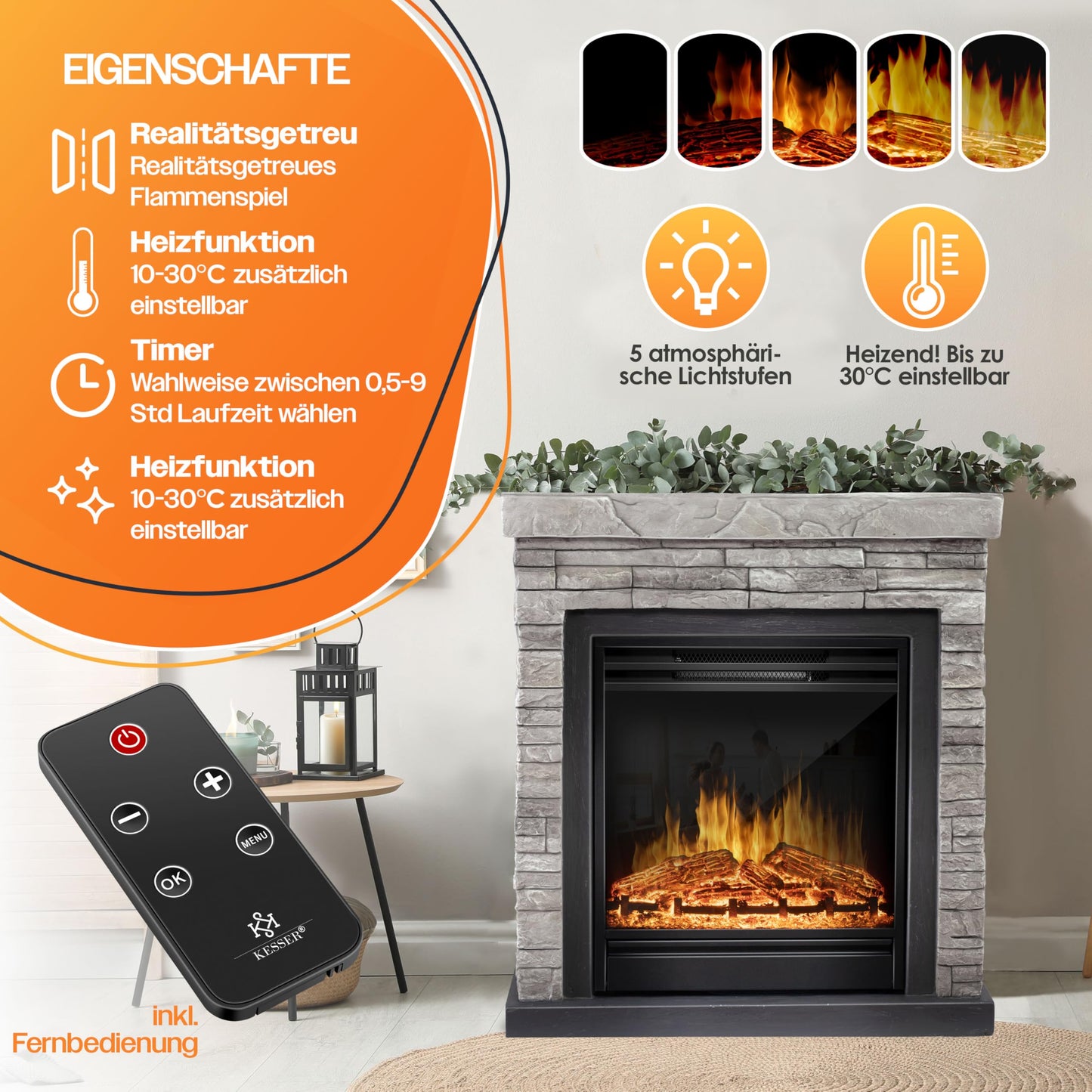 KESSER® Electric Fireplace with LED 3D Flame Effect, Heating Function, 1,800 W Power, Timer, Thermostat, Remote Control, Dimmable, Stone Look/Grey