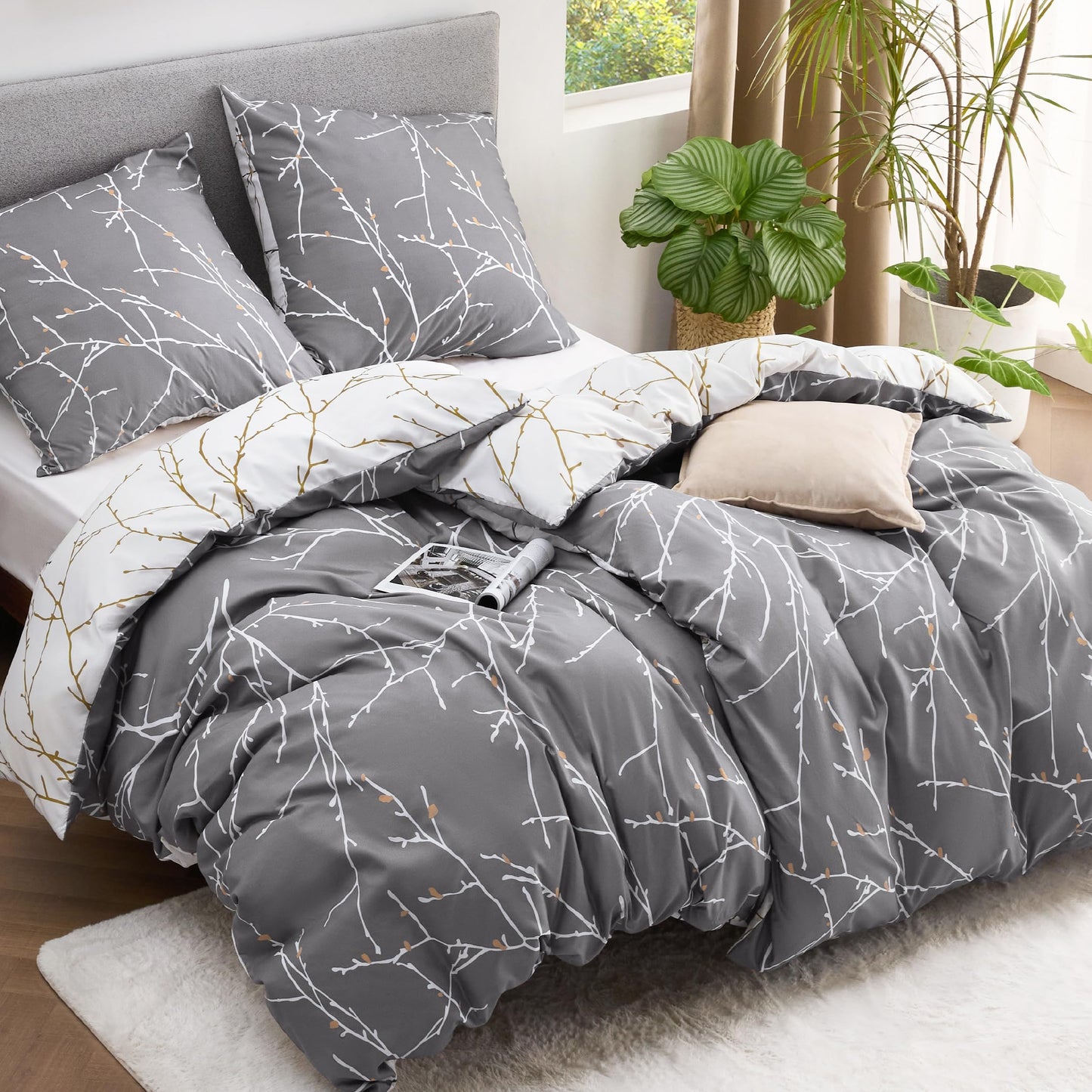BEDSURE Bettwäsche 135x200 4teilig Bettbezug - Bettwäsche-Sets 135 x 200 cm 2er Set mit 2 Kissenbezüge 80x80cm, ÖKO-TEX Wendebettwäsche Bedding Zweige Grau Muster mit Reißverschluss