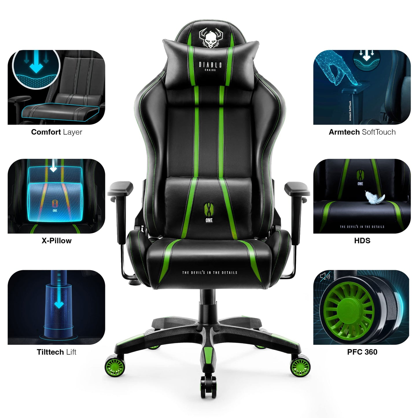 Diablo X-One 2.0 Gaming Stuhl Gamer Chair Bürostuhl Schreibtischstuhl Verstellbare Armlehnen Ergonomisches Design Nacken/-Lendenkissen Wippfunktion Aqua Blue Normal (L)