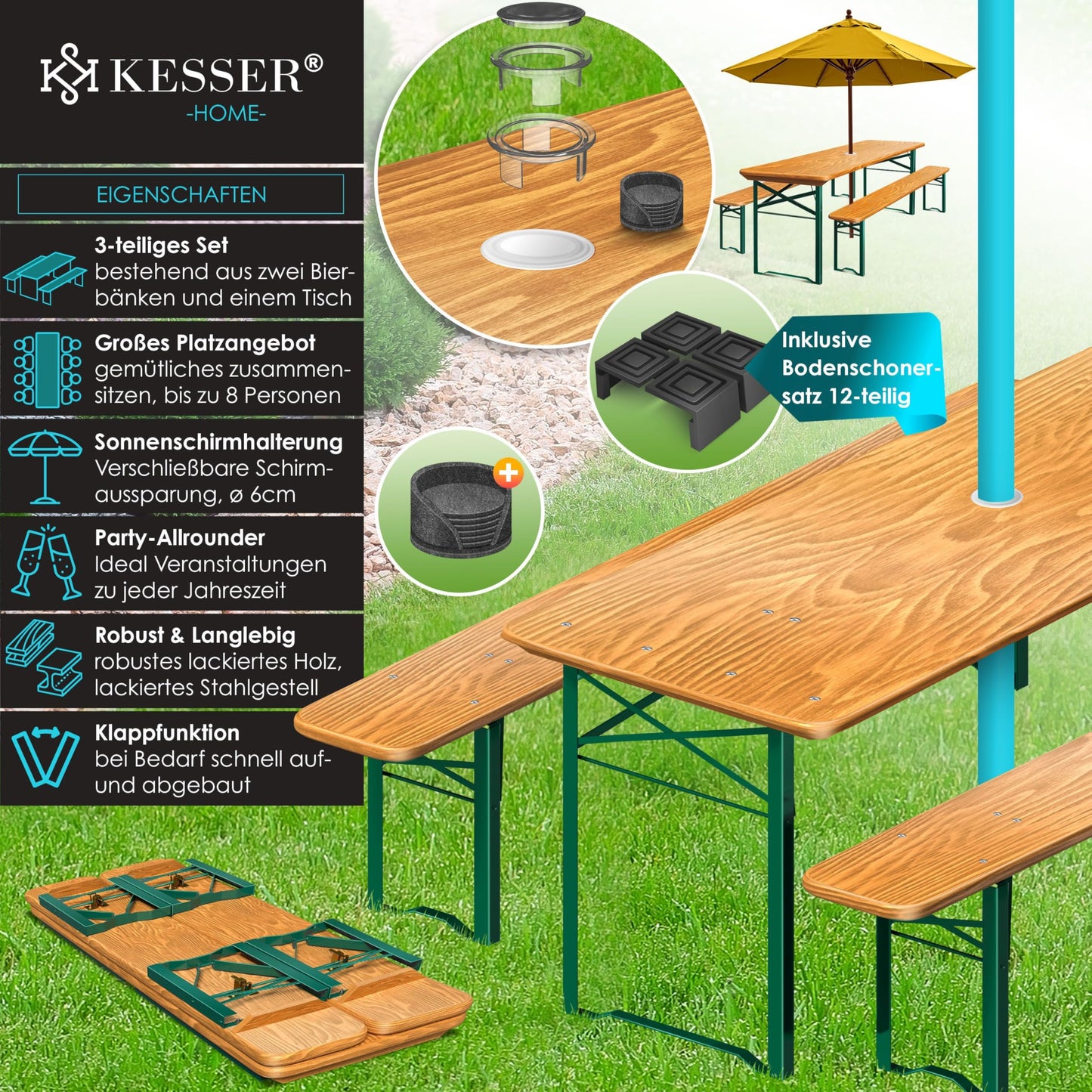 KESSER® Bierzeltgarnitur 3 teilig Gartenmöbel-Set | Klappbar 220 x 50 x 77cm | 2X Bierbänke 1x Biertisch | Festzeltgarnitur Biertisch Stehtisch Sitzgarnitur Holz 16-teiliges Bodenschoner-Set