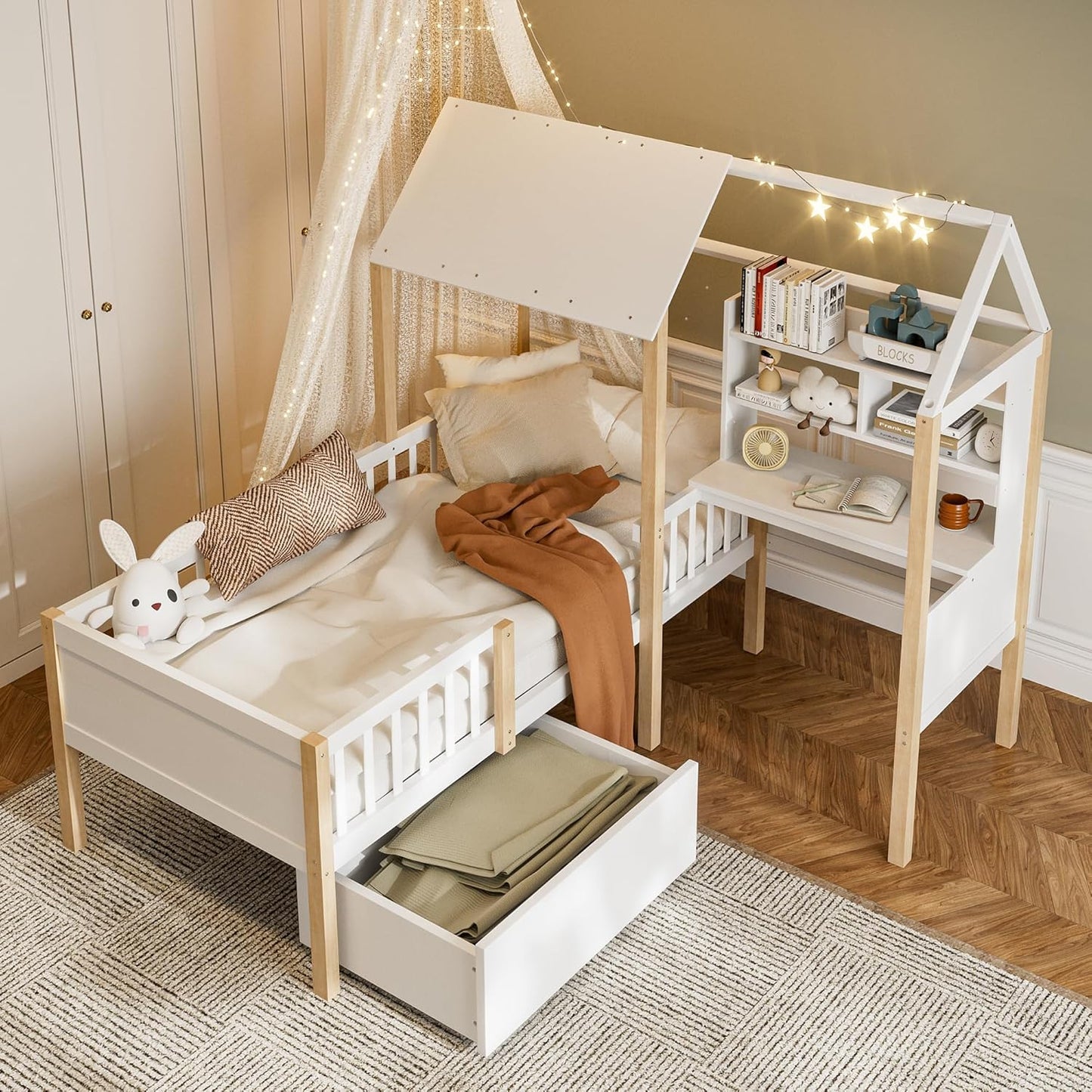 Merax Children's Bed 90 x 200 cm with Fall Protection, Children's House Bed with Drawers and Storage Shelf, Sturdy Wooden Tree House Bed with Slatted Frame, Play Bed for Boys and Girls, White