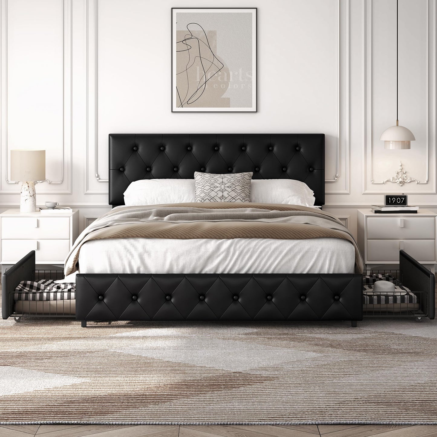 Yaheetech Polsterbett 140 x 200 cm Doppelbett Bettrahmen mit 2 Schubladen höhenverstellbares Kopfteil Gepolstertes Bett mit Lattenrost viel Stauraum, Schwarz