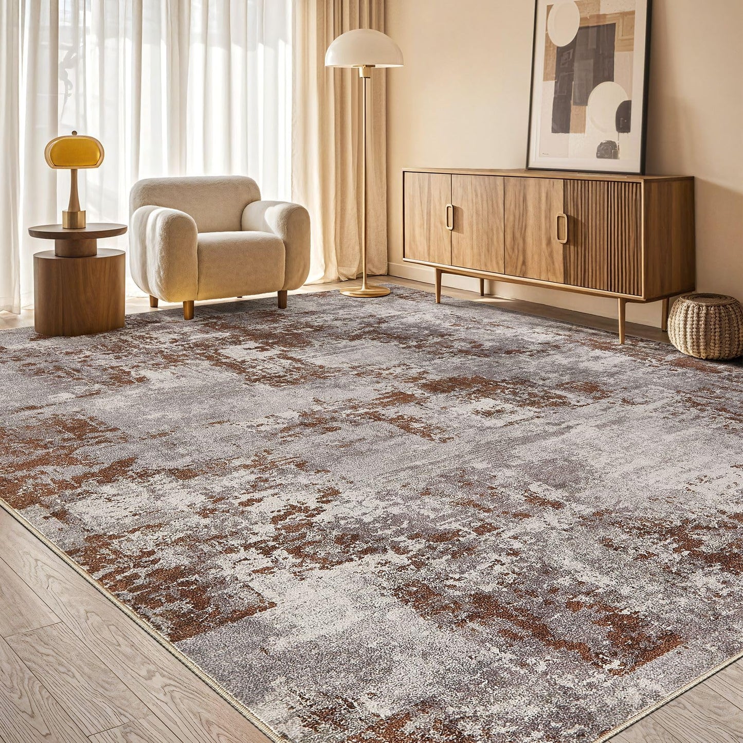 Tortania Washable 5x7 Area Rug for Living Room: Modern Abstract Neutral Large Soft Thin Rugs - Non Slip Indoor Carpet for Bedroom Dining Room Office Nursery Home Floor Decoration - Grey