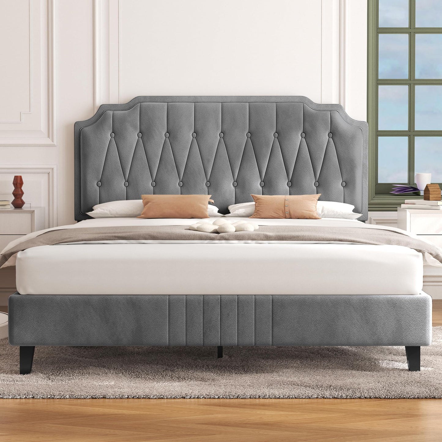 Yaheetech Upholstered Double Bed 140 x 200 cm Fabric Bed Youth Bed Padded Bed with Height-Adjustable Headboard Bed Frame with Slatted Frame, Dark Grey