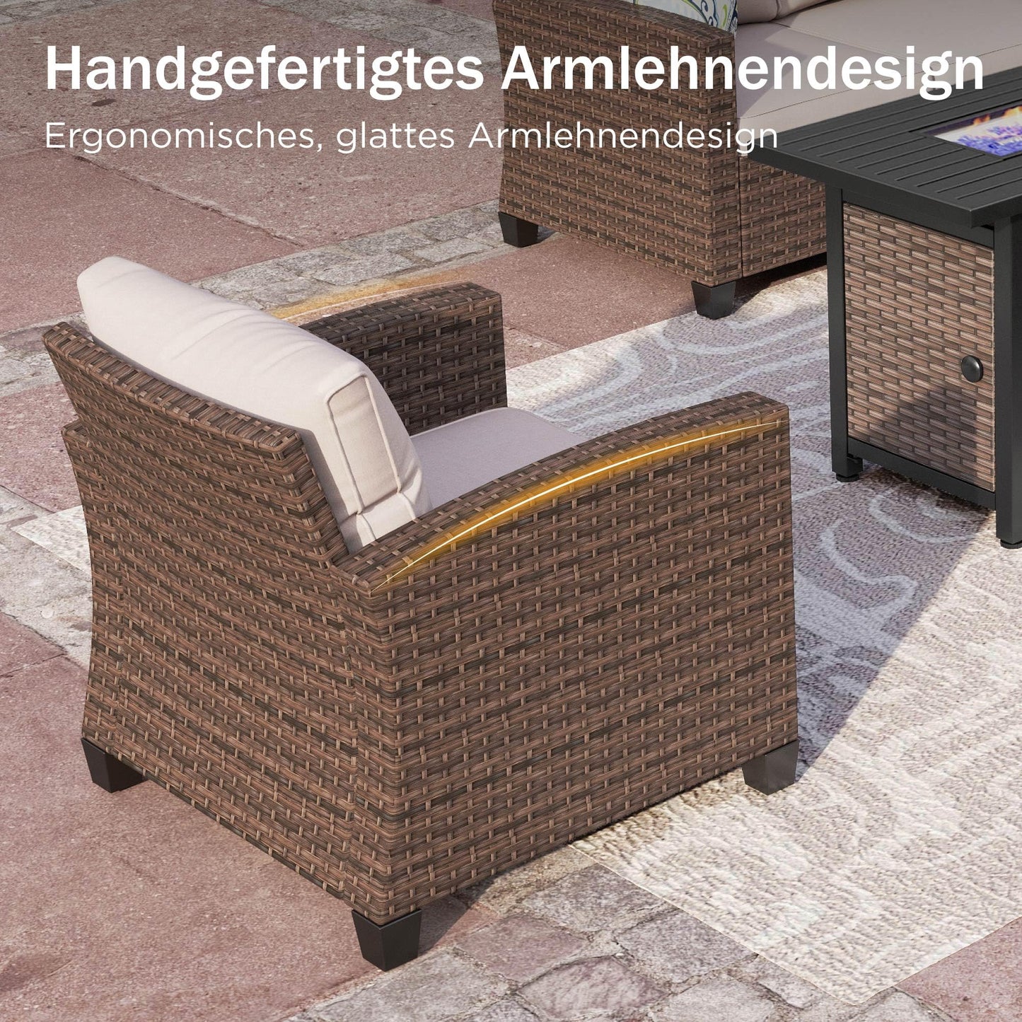 PHI VILLA Garden Furniture Set, Balcony Furniture, 5 Pieces, Rattan Lounge Furniture, Outdoor Garden Lounge Set, 7-Seater, Patio Furniture, Modular Furniture with Reinforced Cushions, Beige