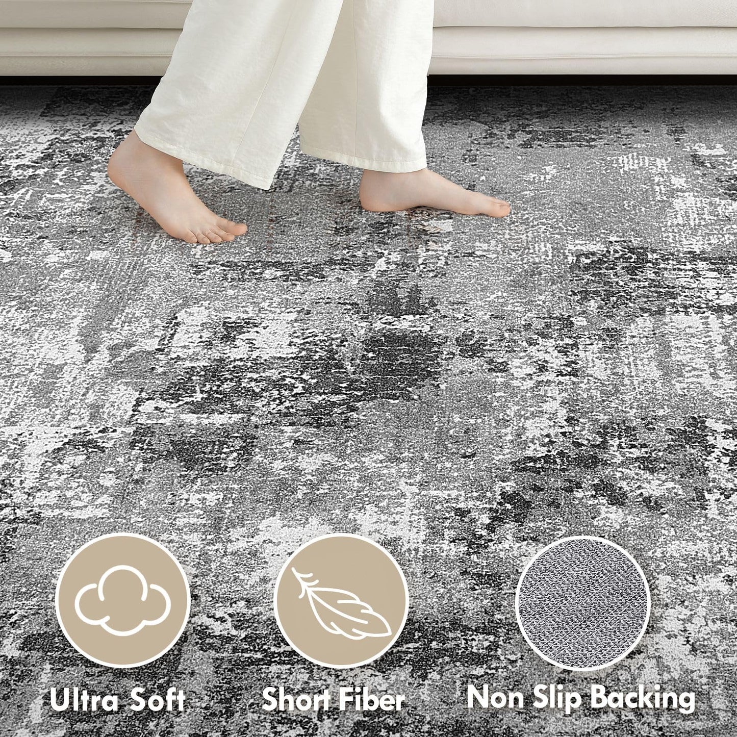 Tortania Washable 5x7 Area Rug for Living Room: Modern Abstract Neutral Large Soft Thin Rugs - Non Slip Indoor Carpet for Bedroom Dining Room Office Nursery Home Floor Decoration - Grey