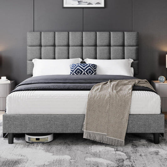 Yaheetech Upholstered Bed 140 x 200 cm Double Bed with Height-Adjustable Headboard, Sturdy Bed Frame, Fabric Bed with Slatted Frame, Padded Bed Frame, Youth Bed, Dark Grey