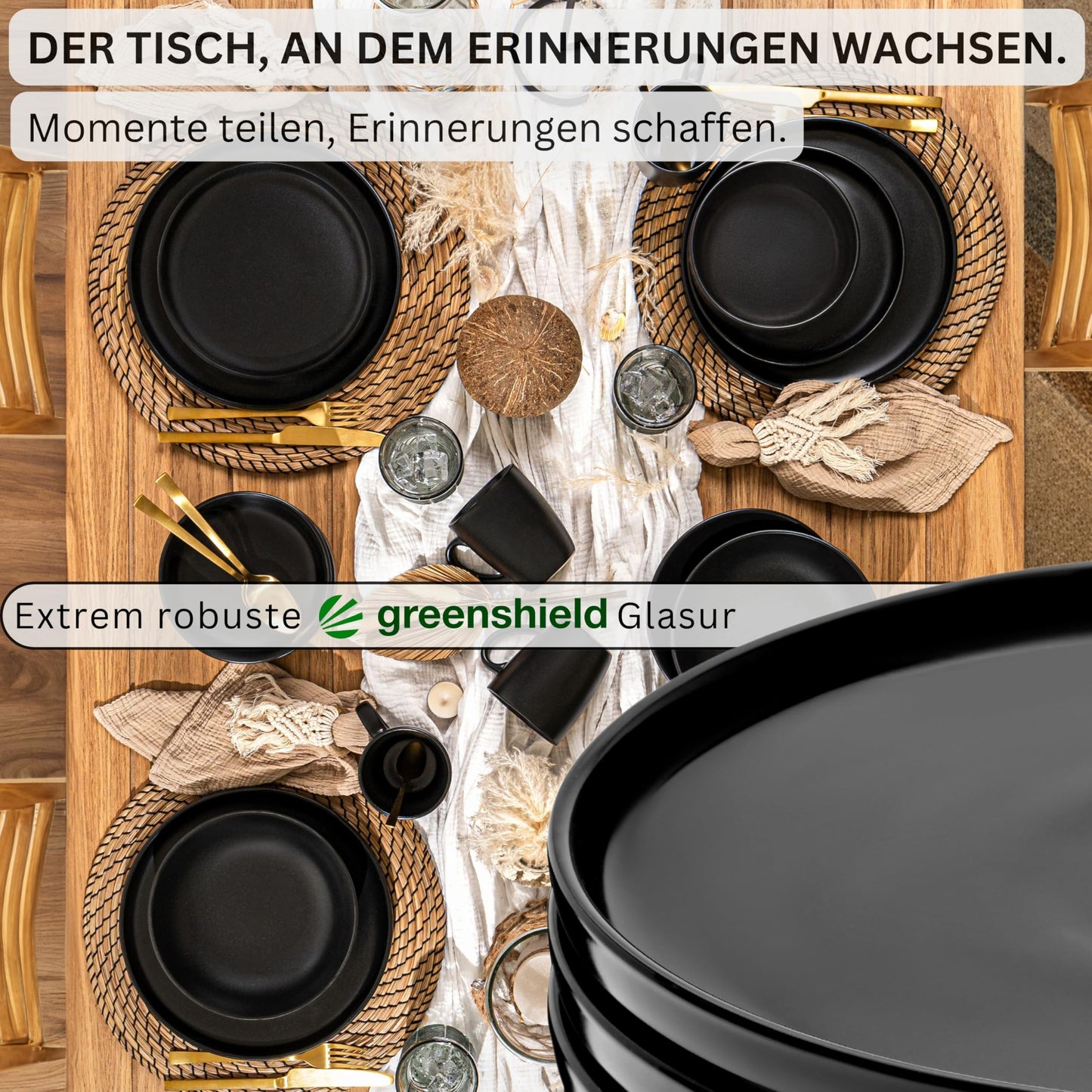 SÄNGER Madeira | Steingut Geschirr Set 18 tlg, Teller Set 6 Personen, Geschirrset 6x Speiseteller 6x Müslischalen 6x Dessertteller, Tafelservice schwarz kratzfest, Essgeschirr matt | VALUE COLLECTION