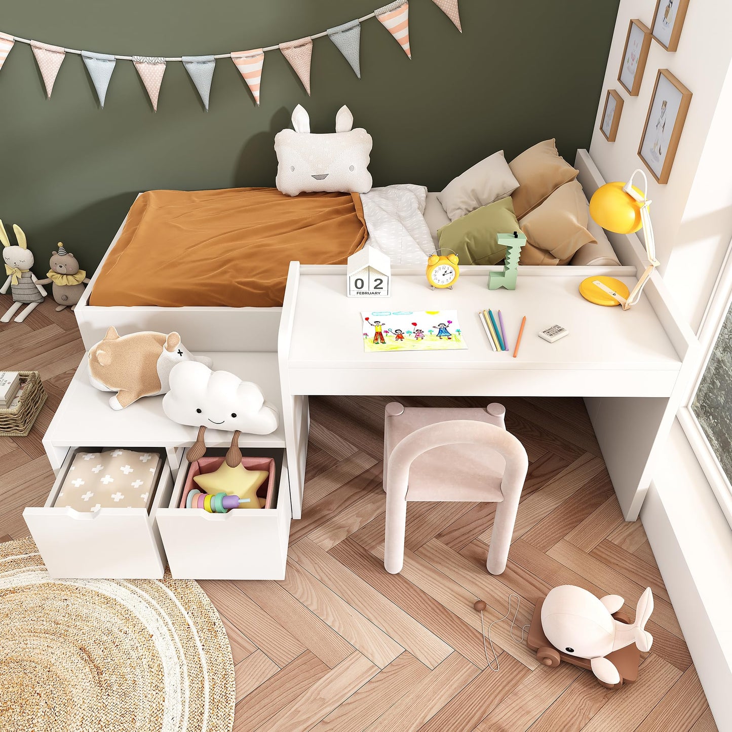RIAZOS Kinderbett Holzbett 90x200 cm, Massiveholz Einzelbett mit Schreibtisch und Schubladen, Stauraumbett mit Lattenrost, für Jungen & Mädchen, ohne Matratze, Weiß