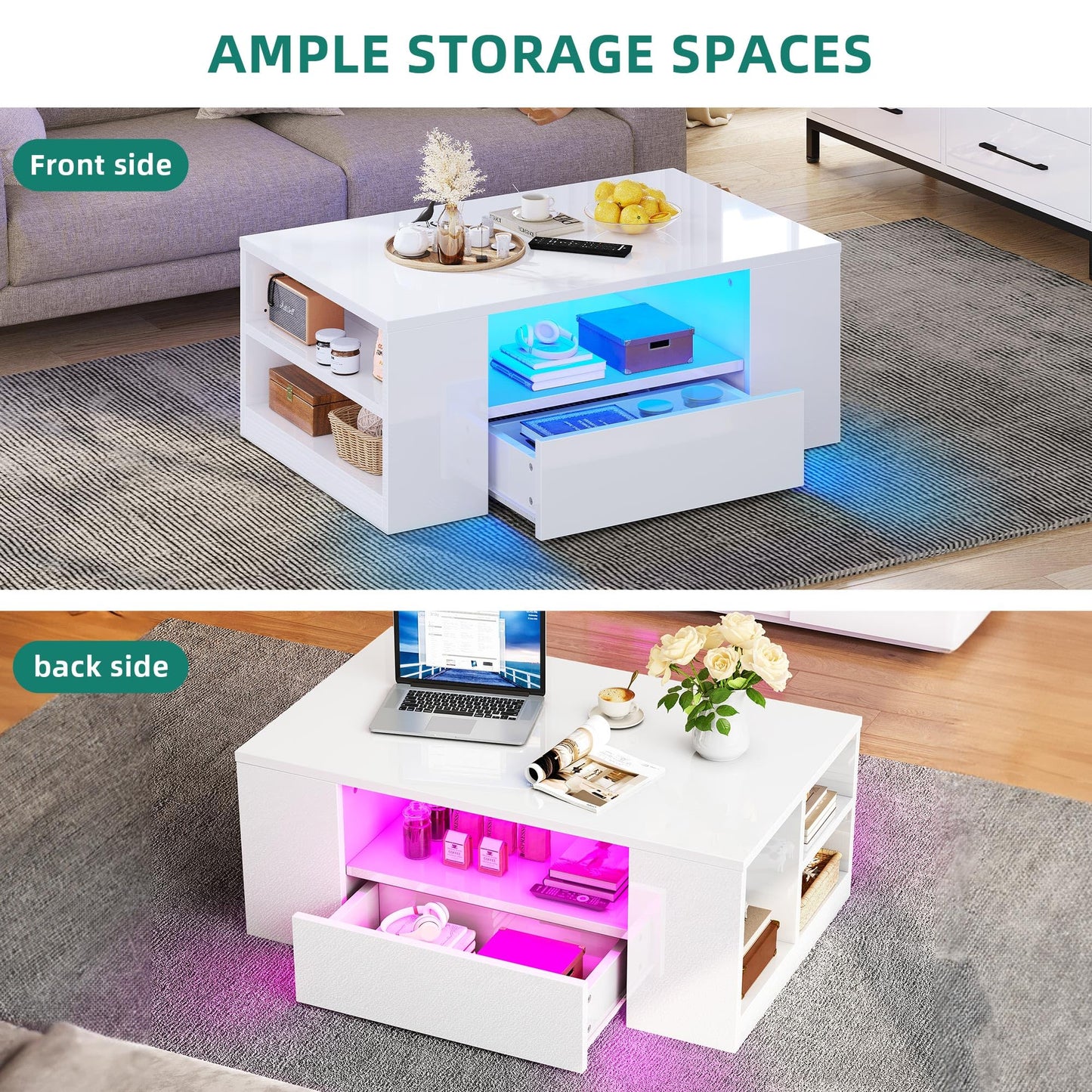 YITAHOME Coffee Table High Gloss Black Modern Living Room Table with 16-Colour LED Lighting Sofa Side Table with Adjustable Shelf 97.5 x 48 x 45 cm