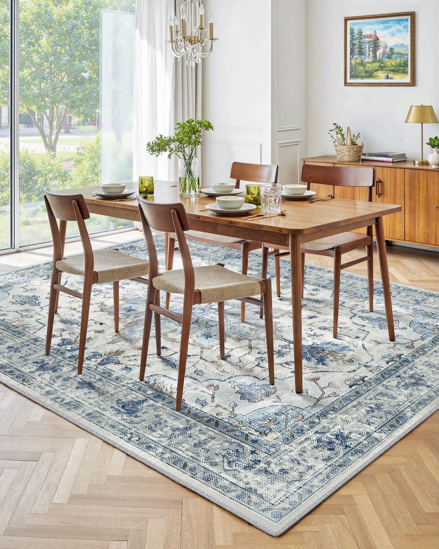 INOVADAY Vintage Waschbarer Teppich Wohnzimmer 90x150 cm Boho Kurzflor rutschfest Teppich Weich Teppiche mit Druckmuster für Schlafzimmer, Esszimmer, Büro Beige/Blau/Orange