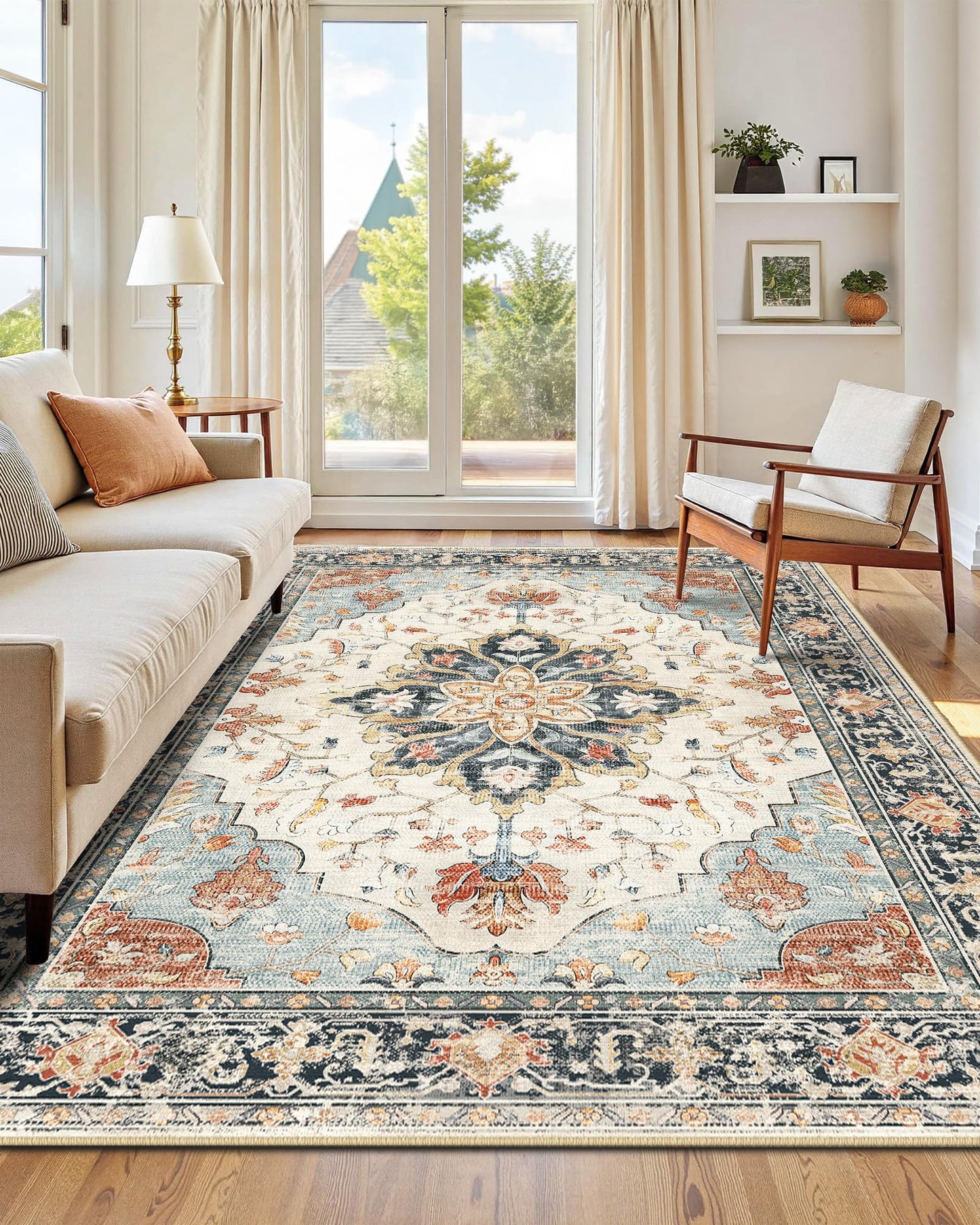 INOVADAY Vintage Waschbarer Teppich Wohnzimmer 90x150 cm Boho Kurzflor rutschfest Teppich Weich Teppiche mit Druckmuster für Schlafzimmer, Esszimmer, Büro Beige/Blau/Orange