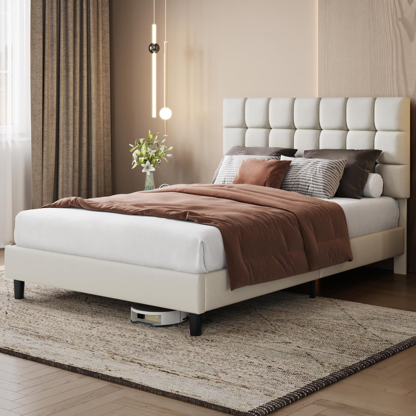 Yaheetech Upholstered Bed 140 x 200 cm Double Bed with Height-Adjustable Headboard, Sturdy Bed Frame, Fabric Bed with Slatted Frame, Padded Bed Frame, Youth Bed, Dark Grey