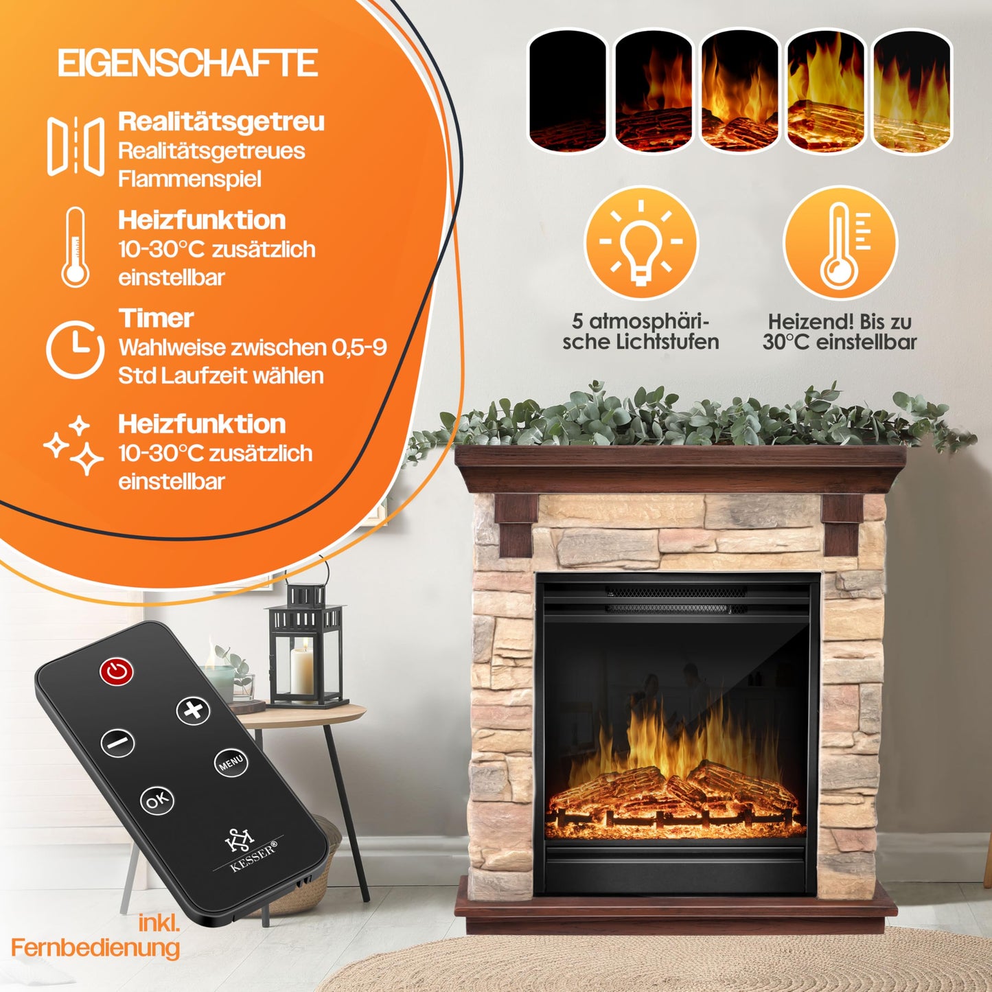 KESSER® Electric Fireplace with LED 3D Flame Effect, Heating Function, 1,800 W Power, Timer, Thermostat, Remote Control, Dimmable, Stone Look/Grey