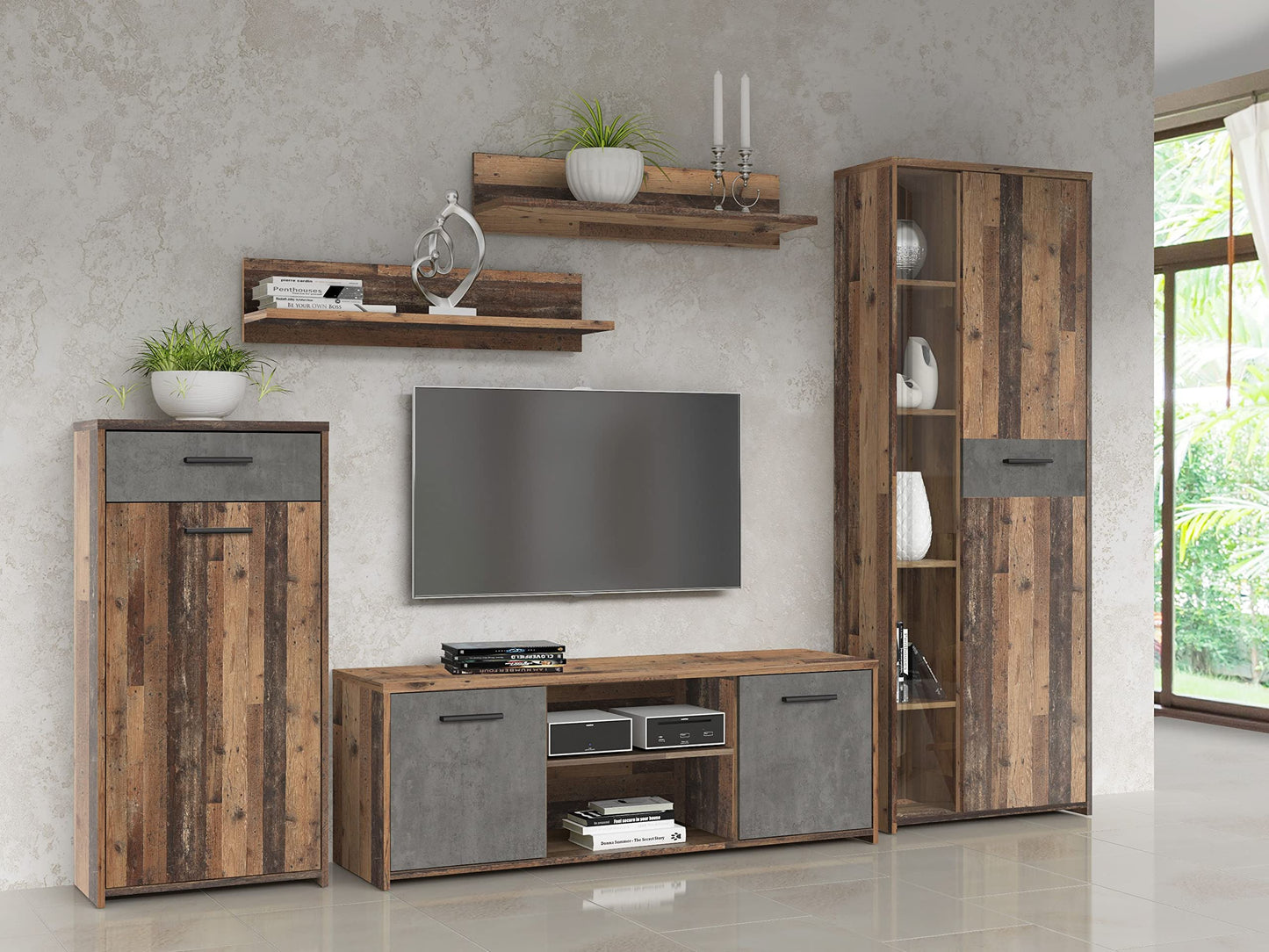 FORTE Pablo 270 280 Modern Wall Unit with 1 Drawer, Cabinet Wall, Wood Composite, Old Wood Vintage Wood Decor/Concrete Look, Dark Grey, 277.4 cm Wide x 182.9 cm High x 39.5 cm Deep