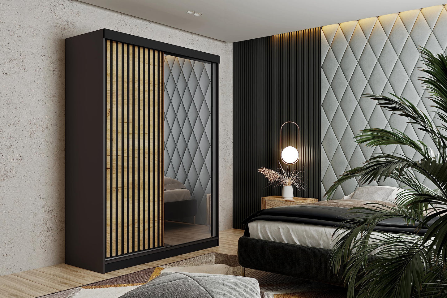 KIER FURNITURE Mehrzweckschrank Malani 200 Schiebetürenschrank - Eleganter Kleiderschrank Schrank Garderobe Spiegel - Wohnzimmerschrank Schiebetüren - Graphit Anthrazit 200x205x59 cm